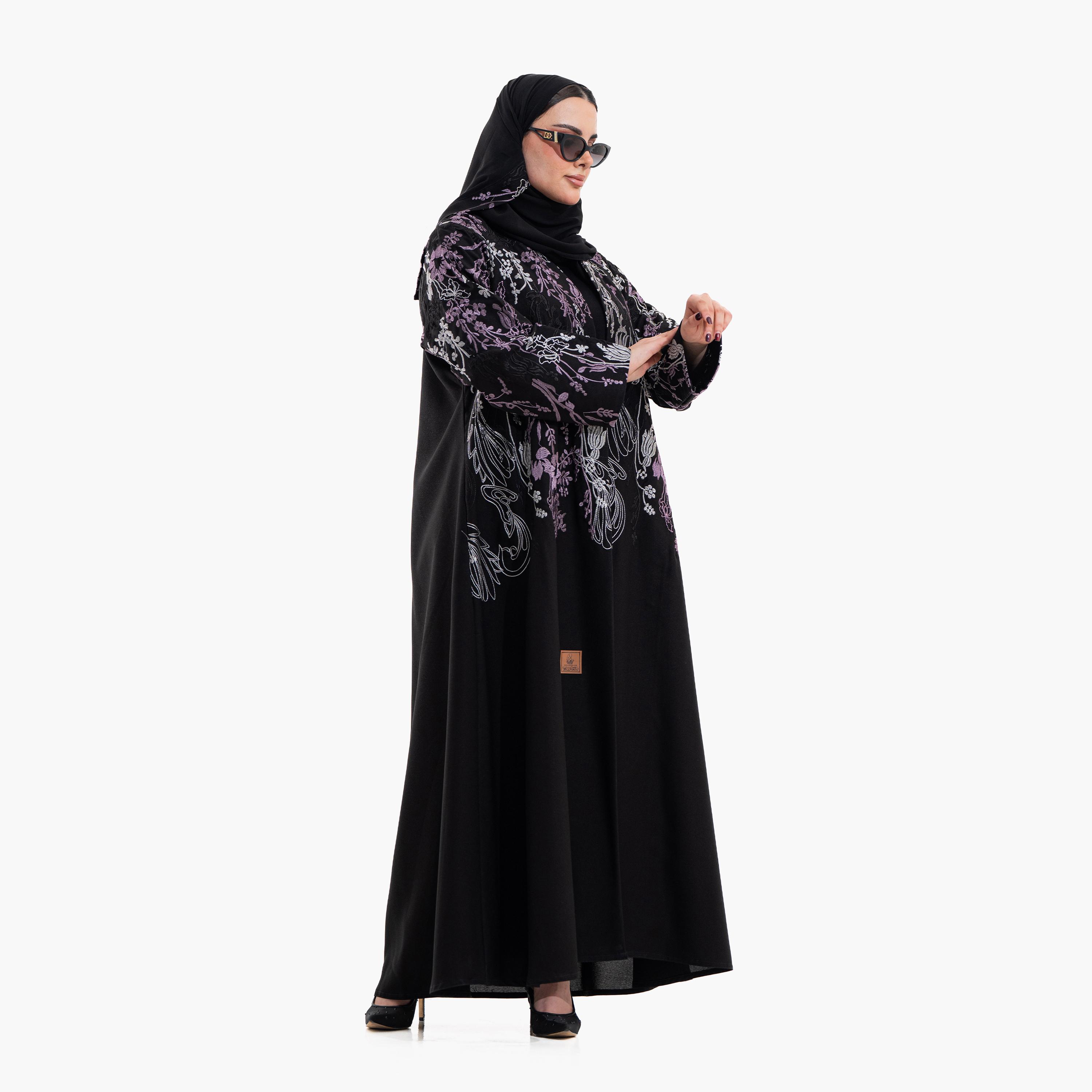 عباية سهرة نسائية بتطريز "أبستراكت فلورال" مع حجاب - أسود من زاهية-women-arabicclothing-abayas-image-3
