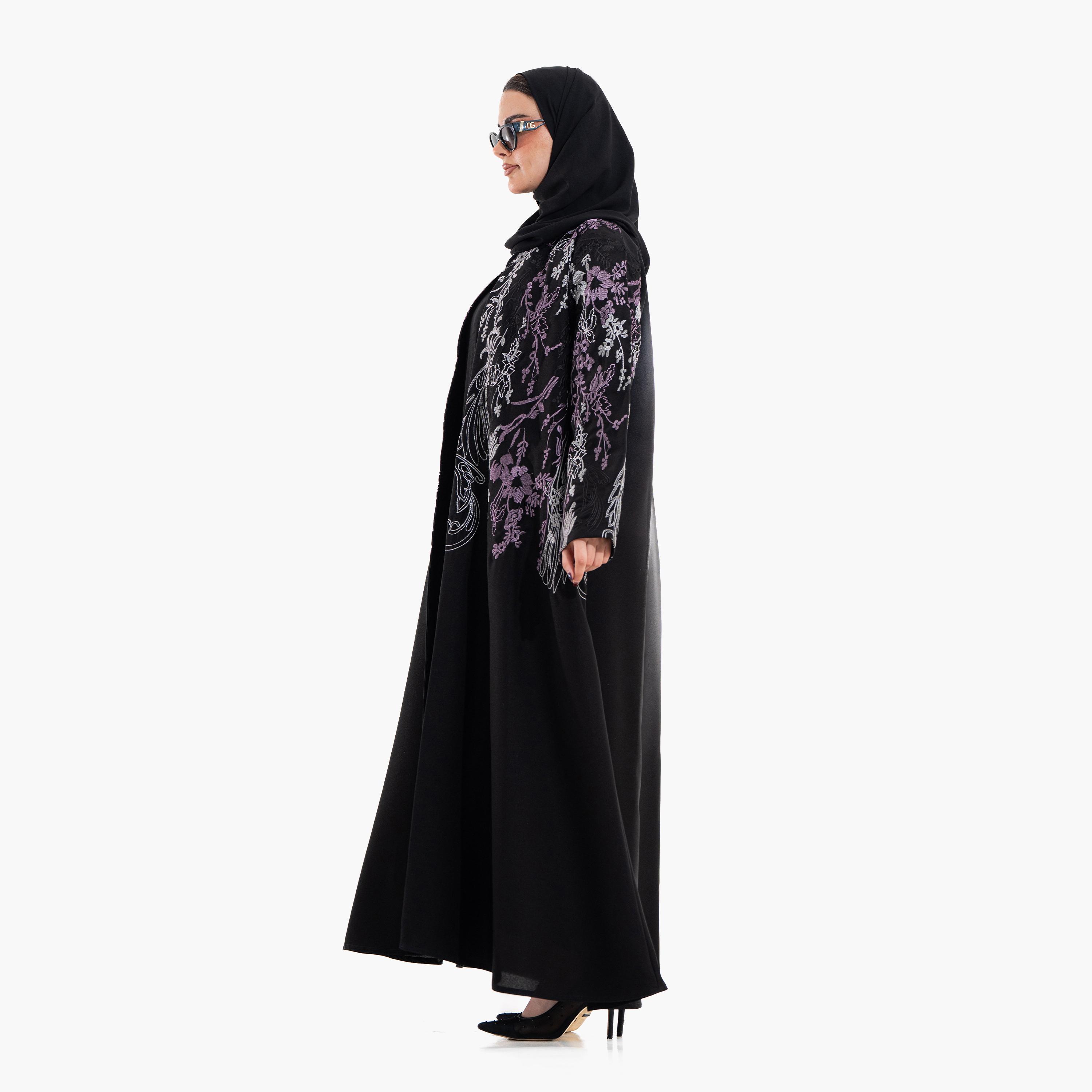 عباية سهرة نسائية بتطريز "أبستراكت فلورال" مع حجاب - أسود من زاهية-women-arabicclothing-abayas-image-4