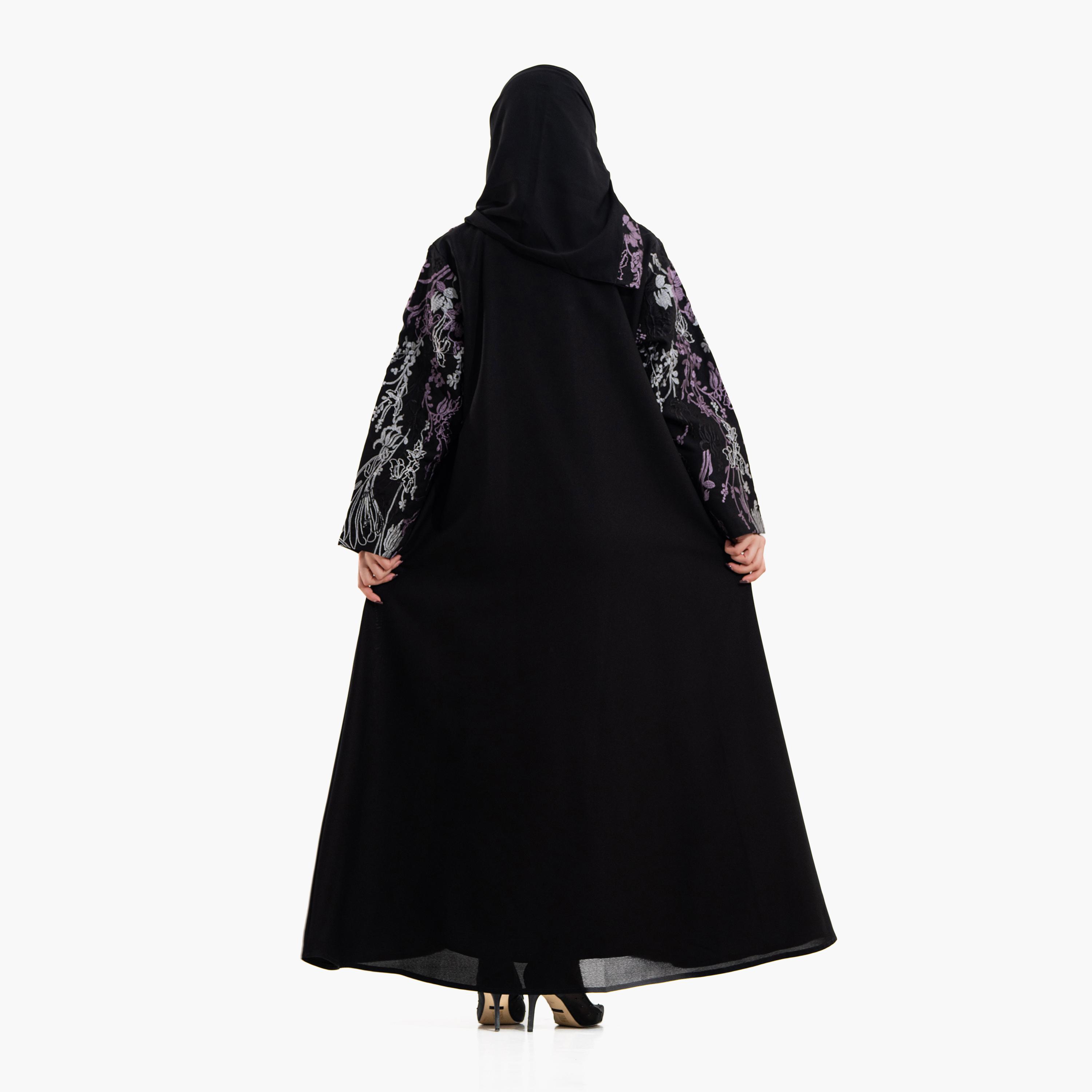 عباية سهرة نسائية بتطريز "أبستراكت فلورال" مع حجاب - أسود من زاهية-women-arabicclothing-abayas-image-5