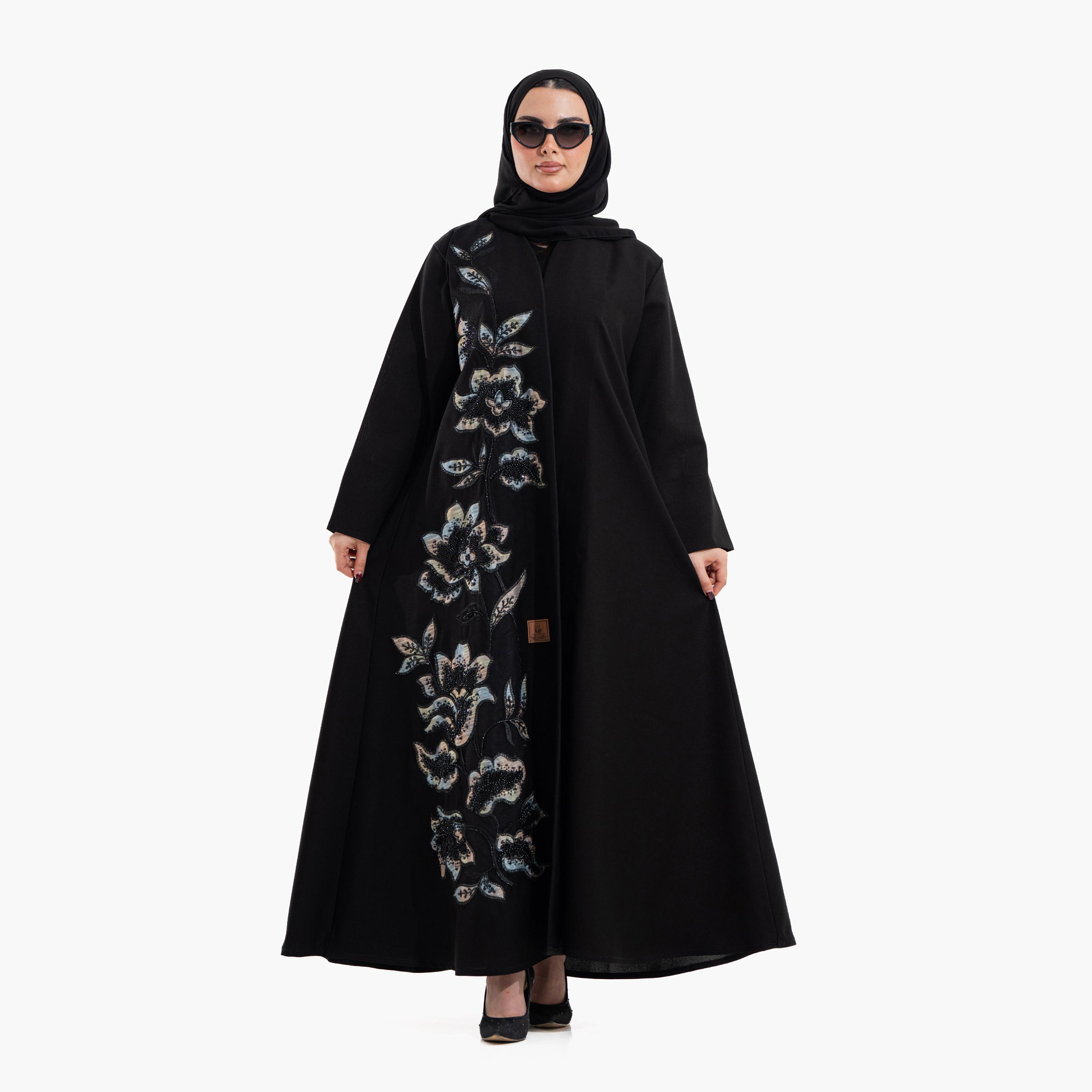 عباية سهرة نسائية مزينة بالخرز وتطريز "فلورال" مع حجاب - أسود من زاهية-women-arabicclothing-abayas-image-1