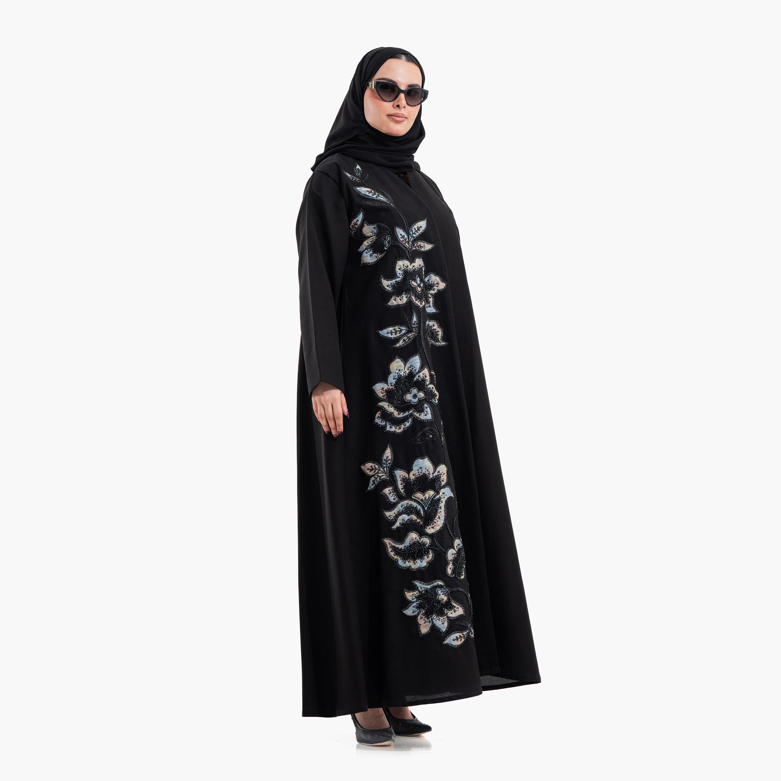 عباية سهرة نسائية مزينة بالخرز وتطريز "فلورال" مع حجاب - أسود من زاهية-women-arabicclothing-abayas-image-2