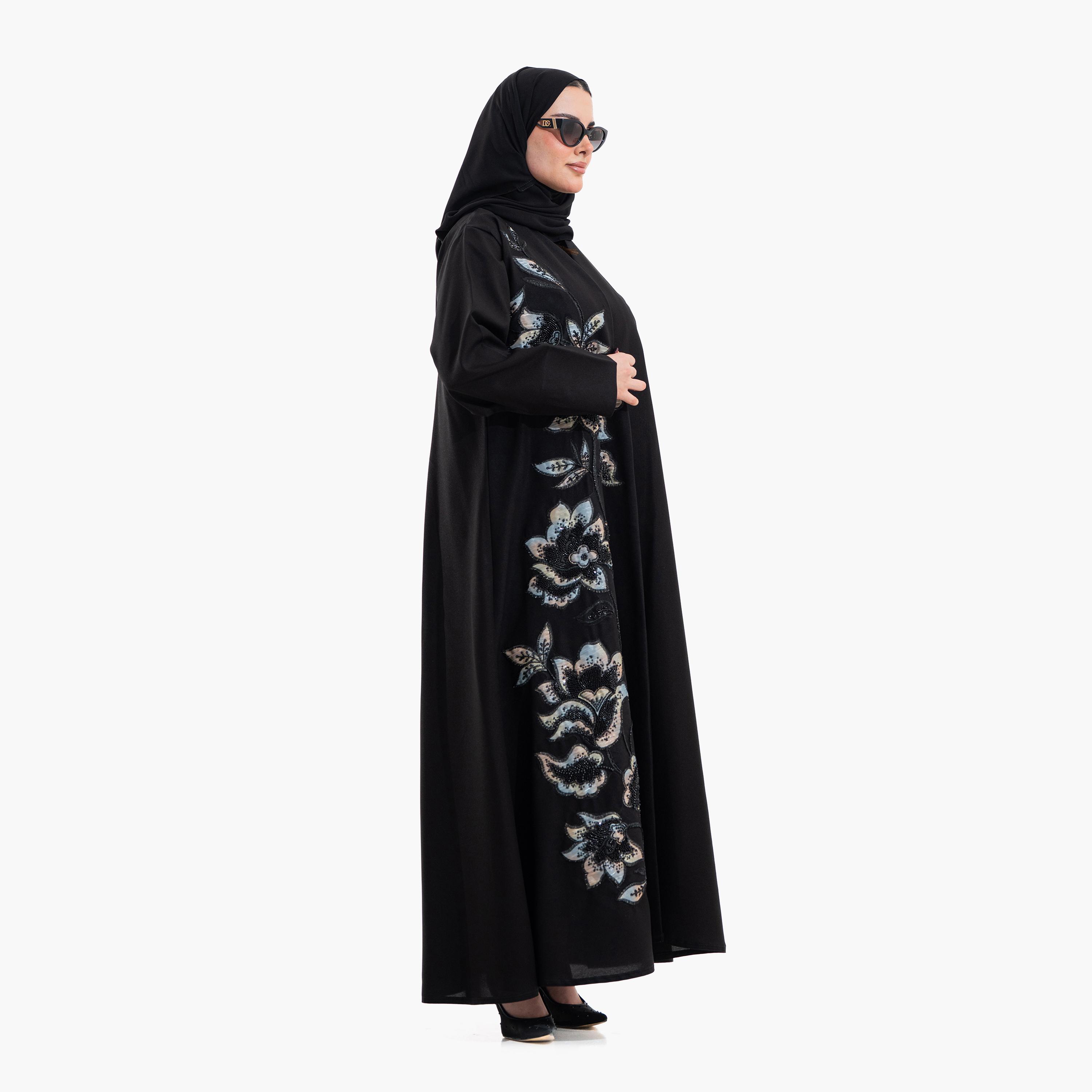 عباية سهرة نسائية مزينة بالخرز وتطريز "فلورال" مع حجاب - أسود من زاهية-women-arabicclothing-abayas-image-3