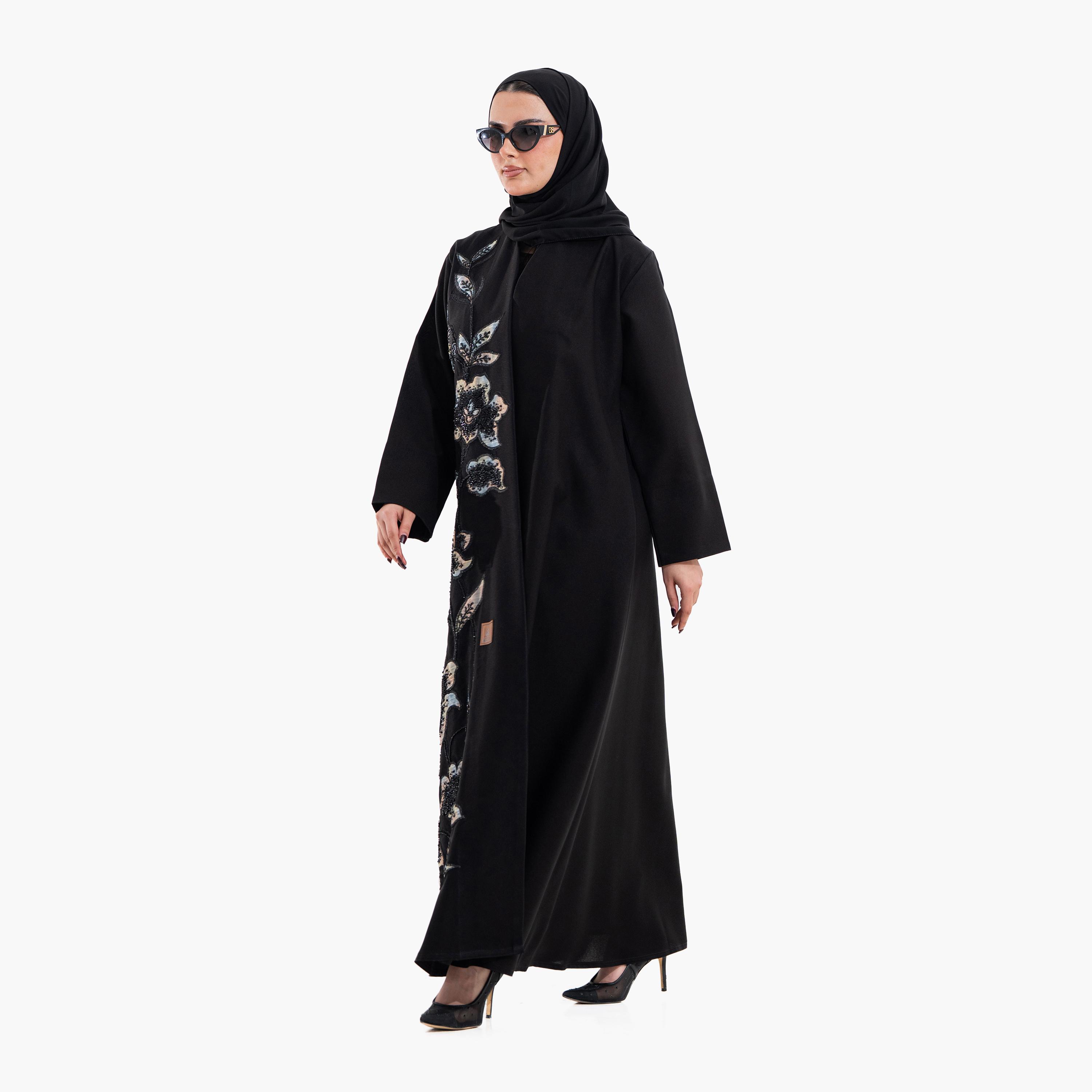 عباية سهرة نسائية مزينة بالخرز وتطريز "فلورال" مع حجاب - أسود من زاهية-women-arabicclothing-abayas-image-4
