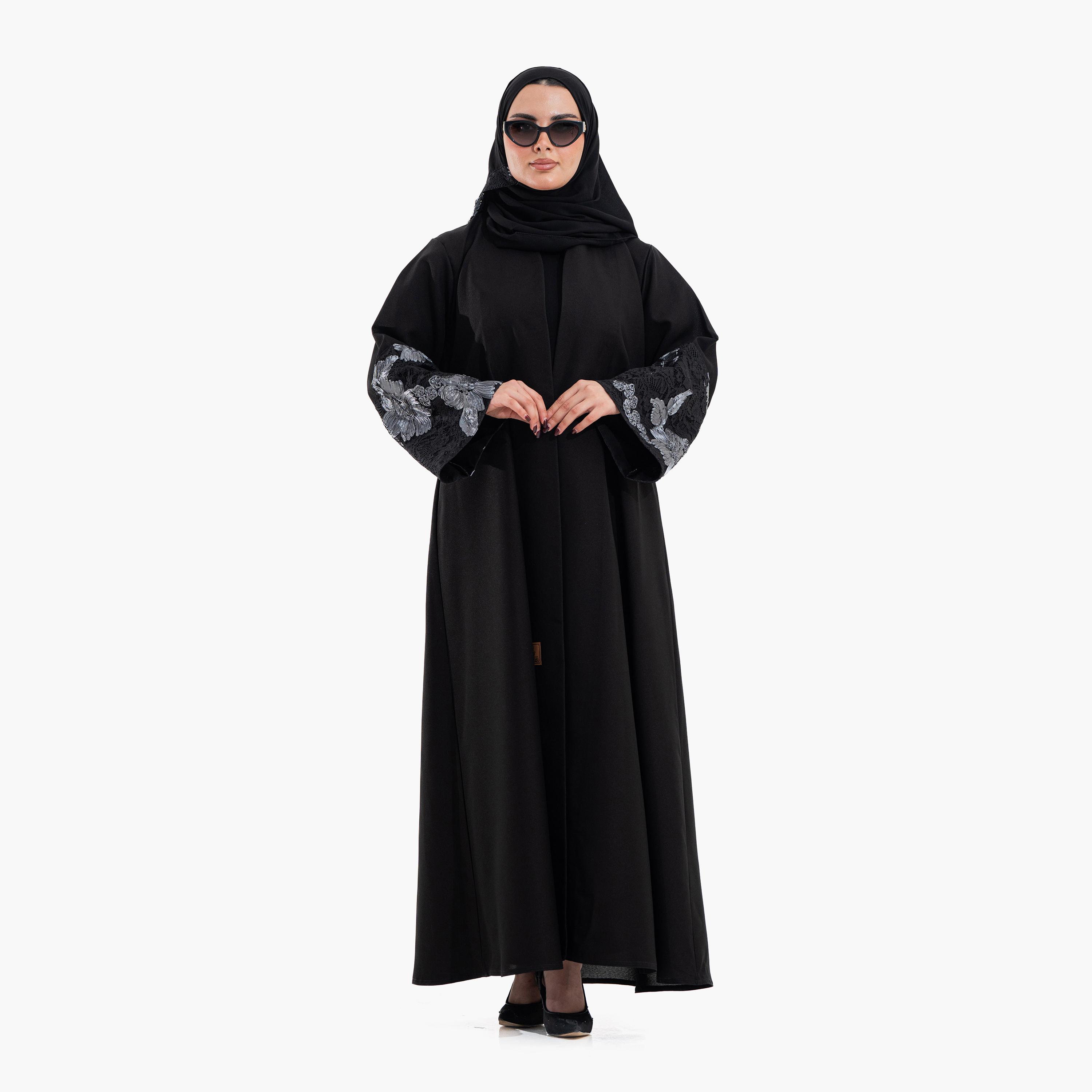 عباية سهرة نسائية بأكمام "وايد" وتفاصيل "فلورال ليس" مع حجاب - أسود من زاهية-women-arabicclothing-abayas-image-2
