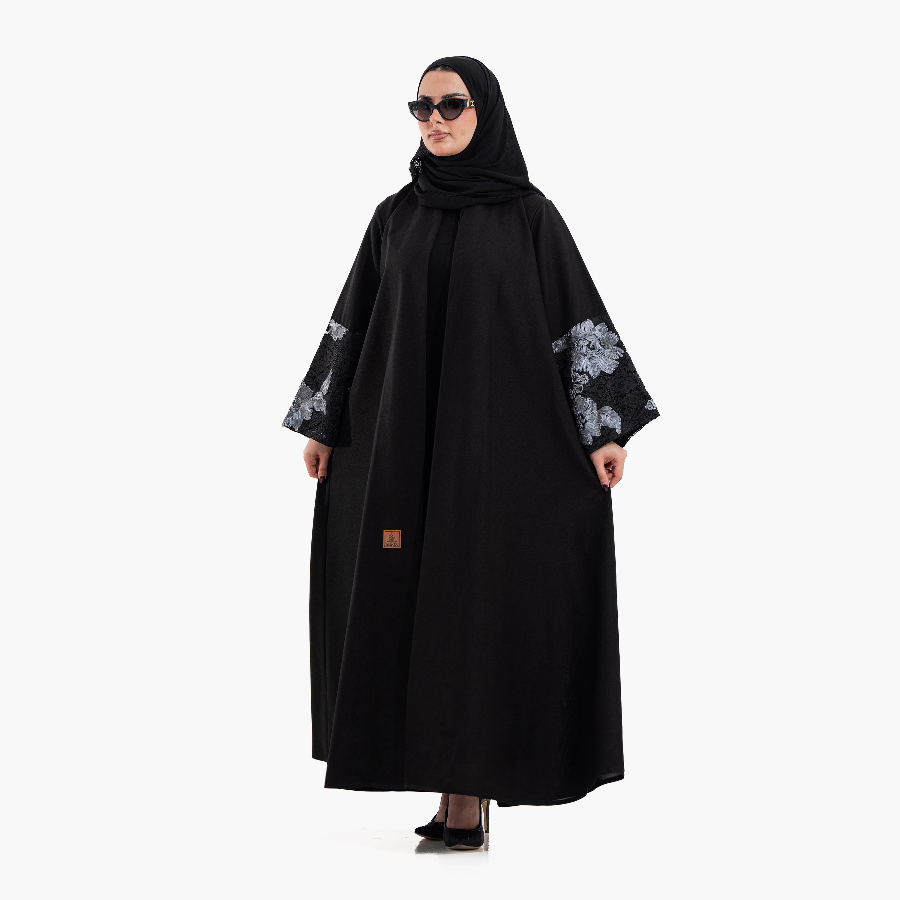 عباية سهرة نسائية بأكمام "وايد" وتفاصيل "فلورال ليس" مع حجاب - أسود من زاهية-women-arabicclothing-abayas-image-4