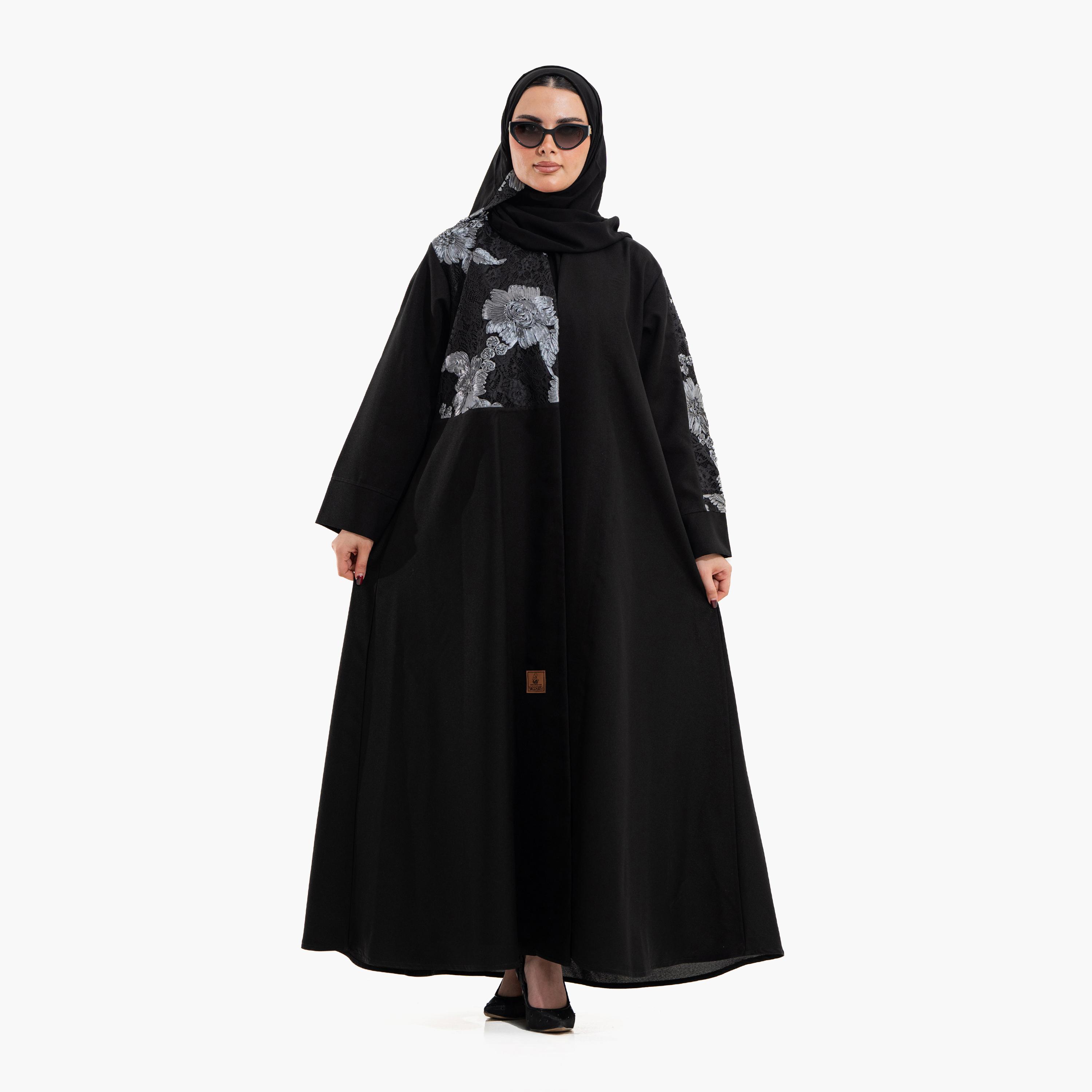 عباية سهرة نسائية بتفاصيل "فلورال ليس" مع حجاب - أسود من زاهية-women-arabicclothing-abayas-image-1