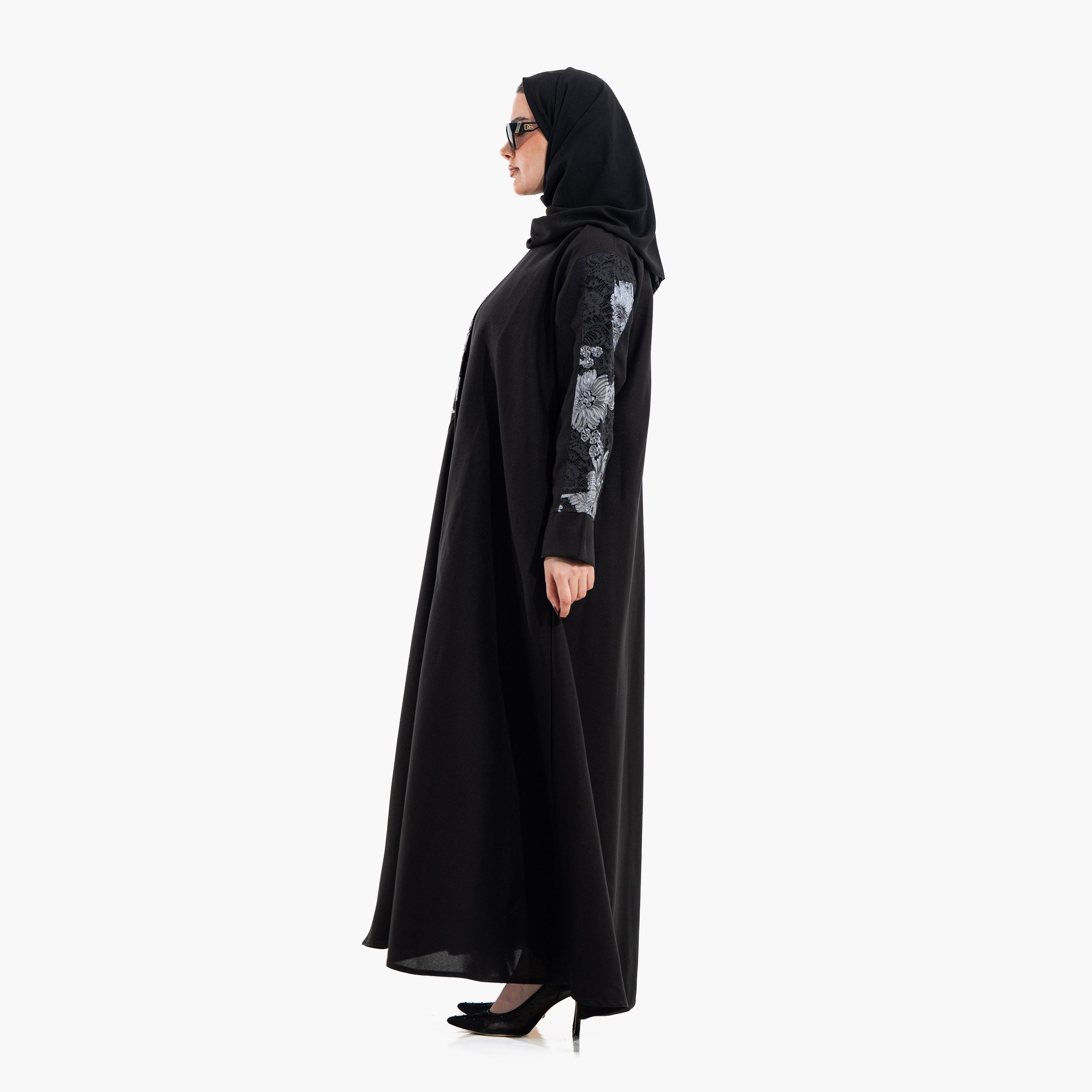 عباية سهرة نسائية بتفاصيل "فلورال ليس" مع حجاب - أسود من زاهية-women-arabicclothing-abayas-image-3