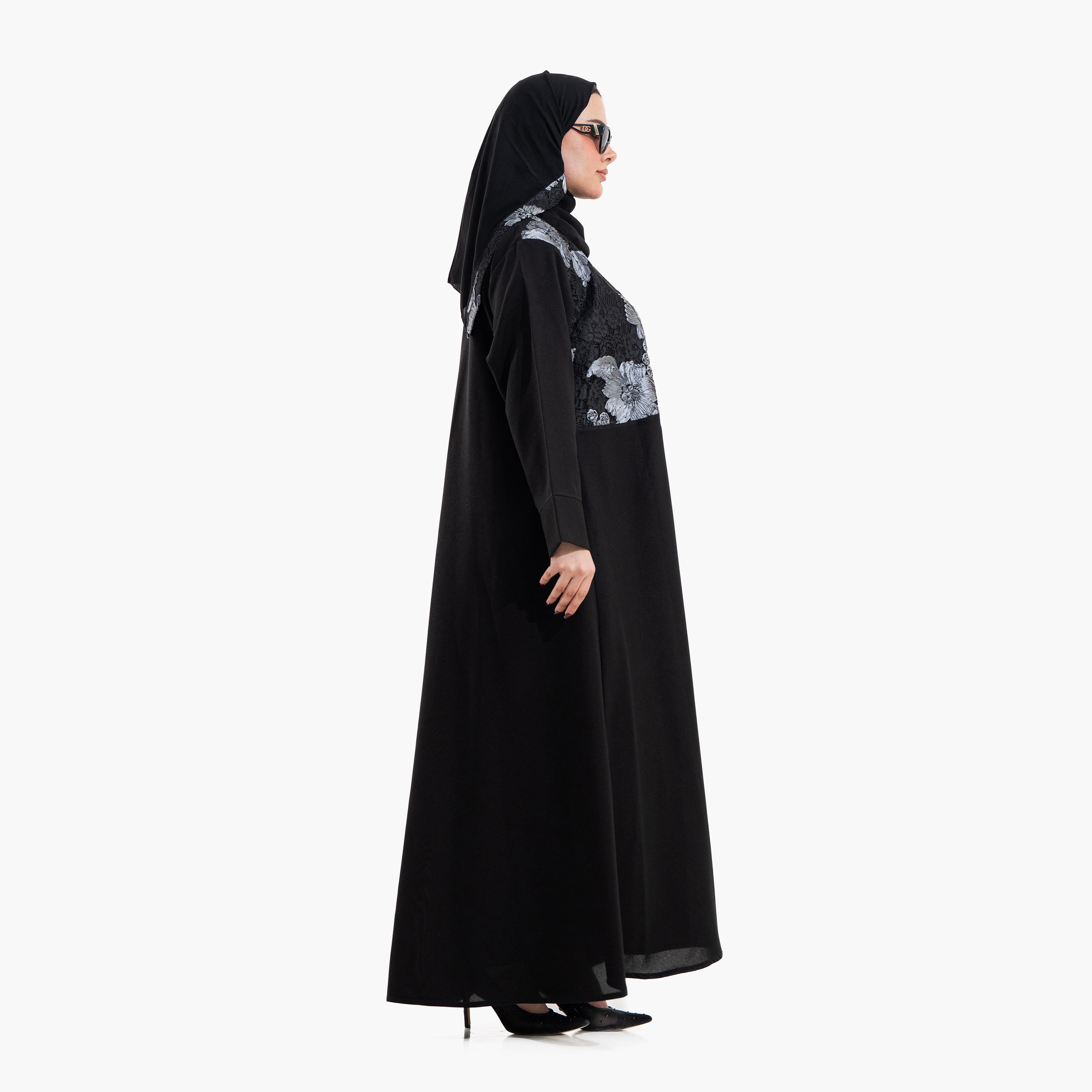 عباية سهرة نسائية بتفاصيل "فلورال ليس" مع حجاب - أسود من زاهية-women-arabicclothing-abayas-image-4