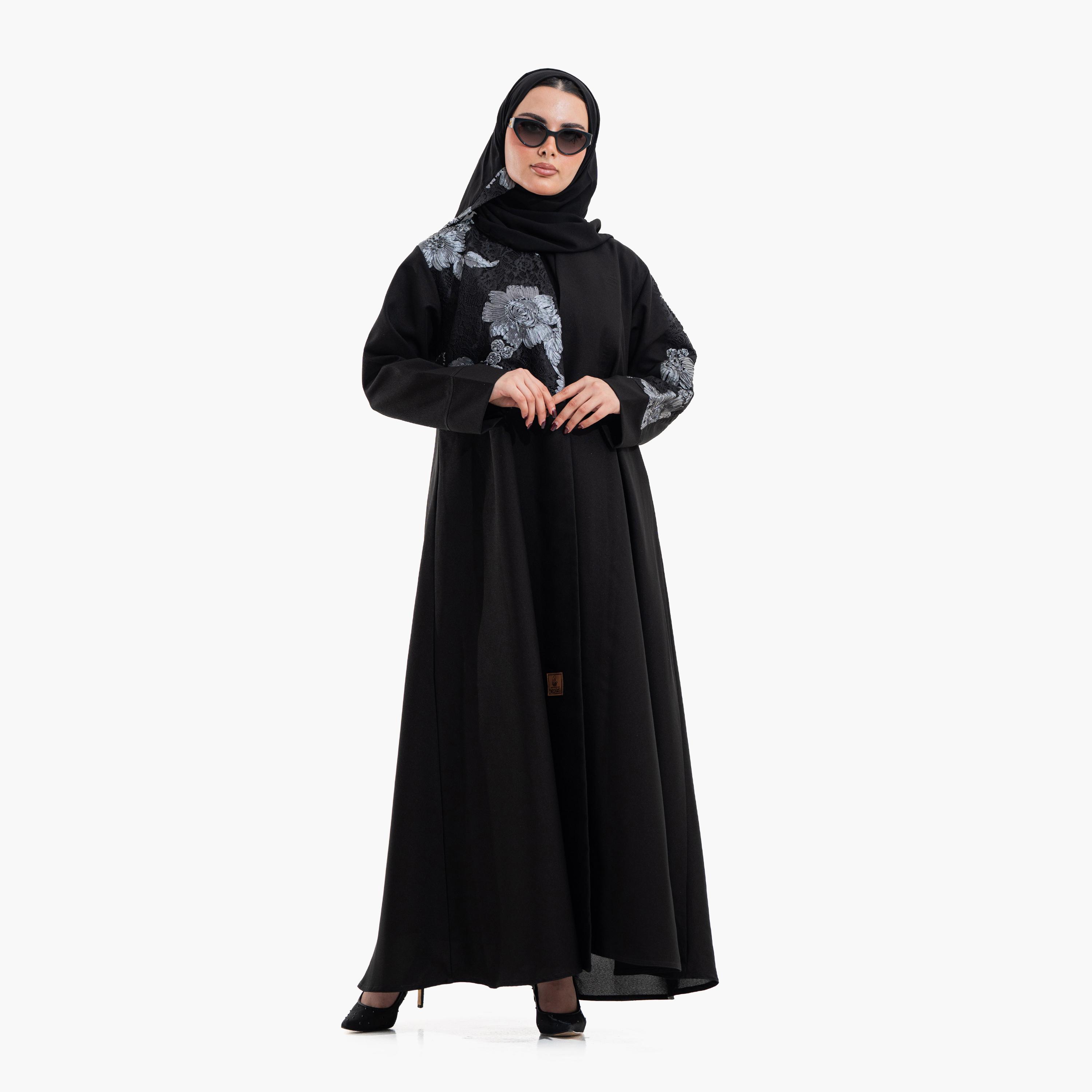 عباية سهرة نسائية بتفاصيل "فلورال ليس" مع حجاب - أسود من زاهية-women-arabicclothing-abayas-image-5