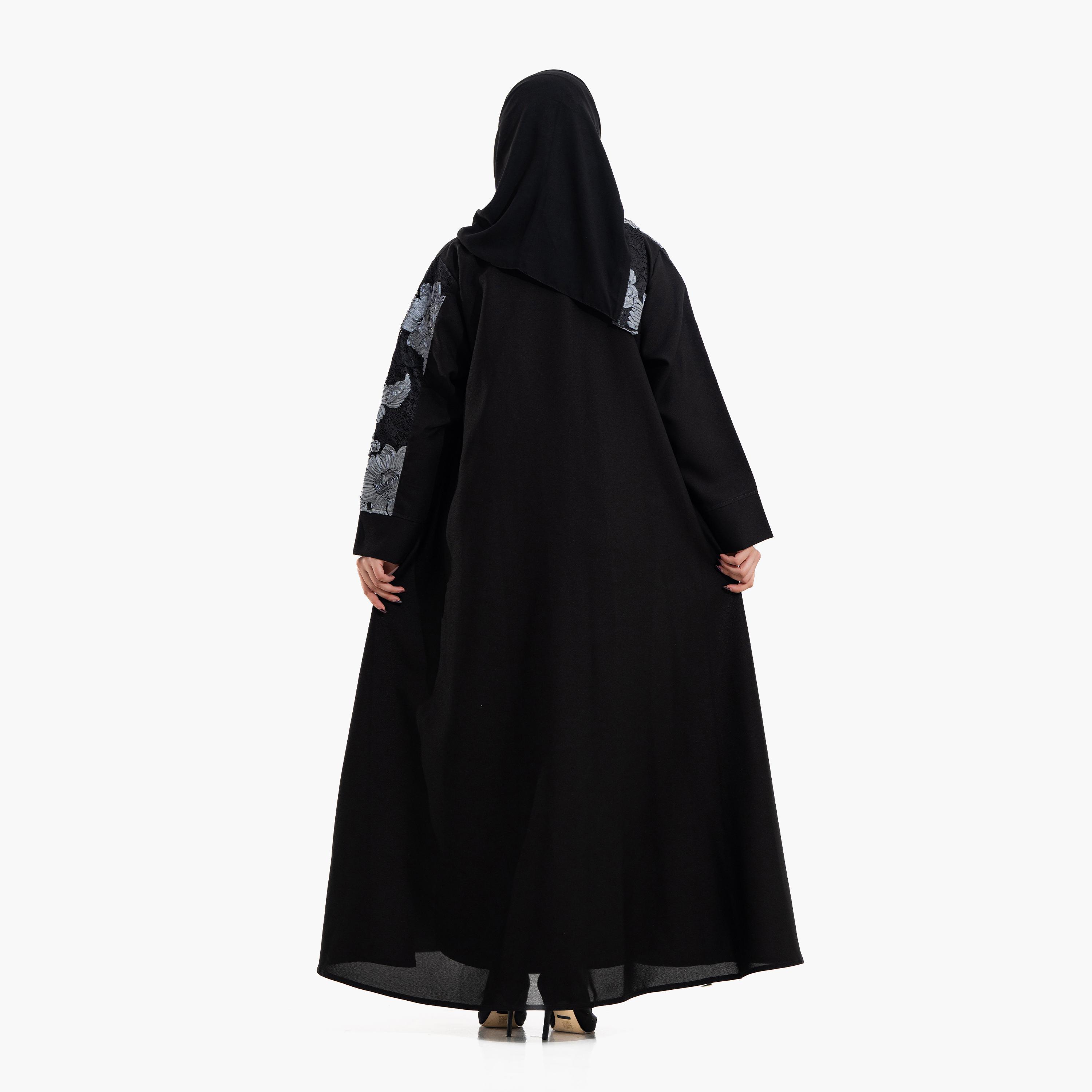 عباية سهرة نسائية بتفاصيل "فلورال ليس" مع حجاب - أسود من زاهية-women-arabicclothing-abayas-image-6