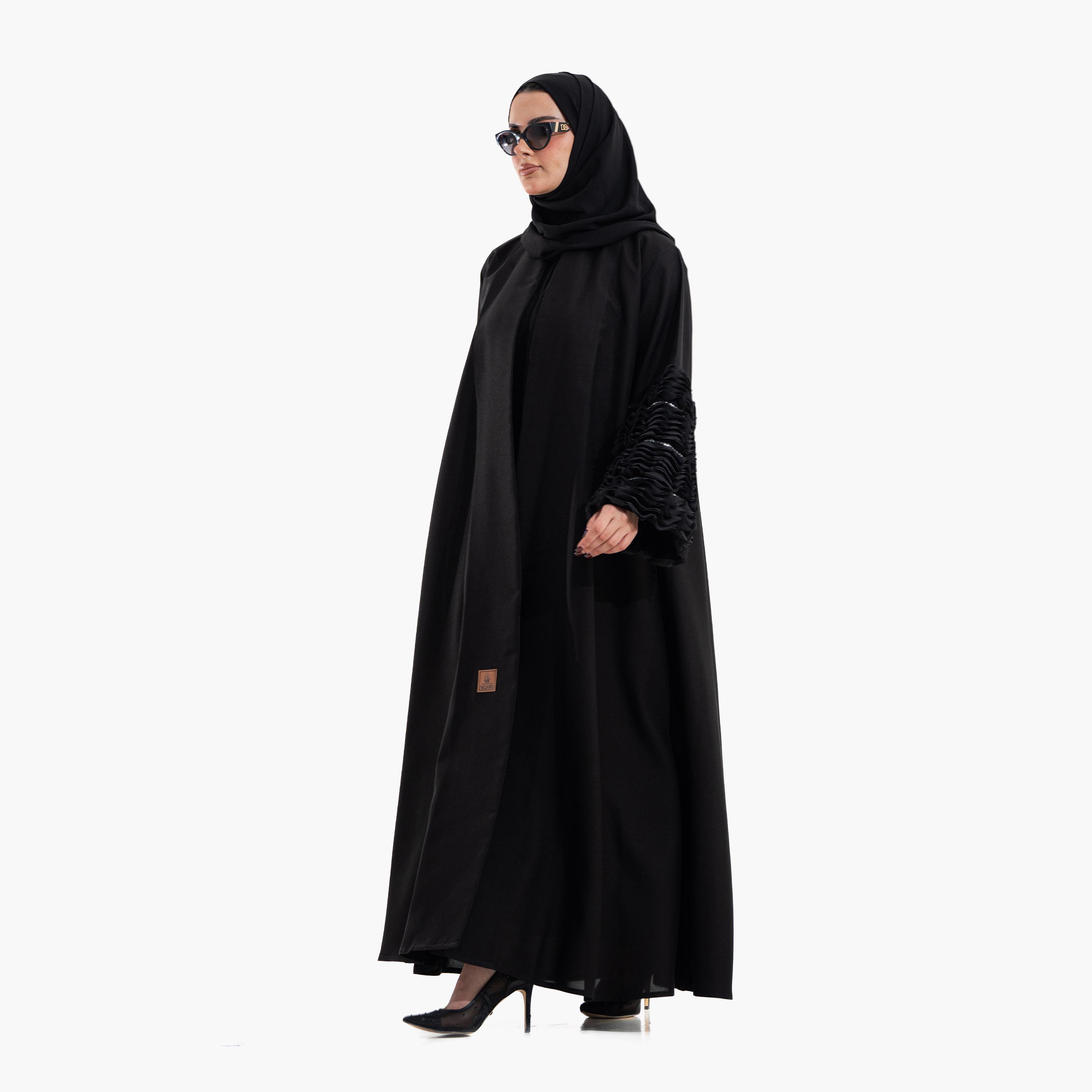 عباية نسائية بأكمام "رافلد" مع حجاب - أسود من زاهية-women-arabicclothing-abayas-image-3