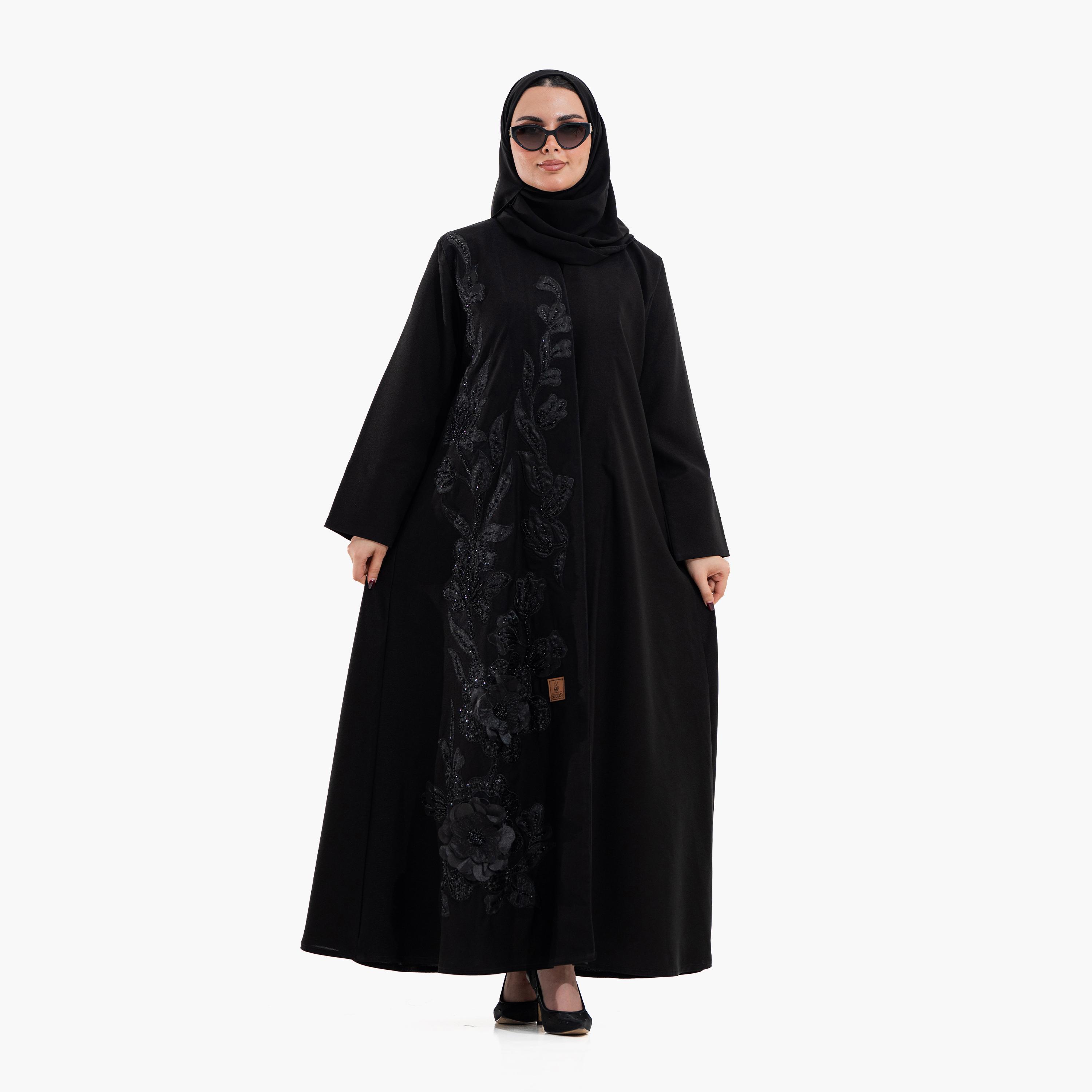 عباية سهرة نسائية مزينة بخرز "فلورال" مع حجاب - أسود من زاهية-women-arabicclothing-abayas-image-1