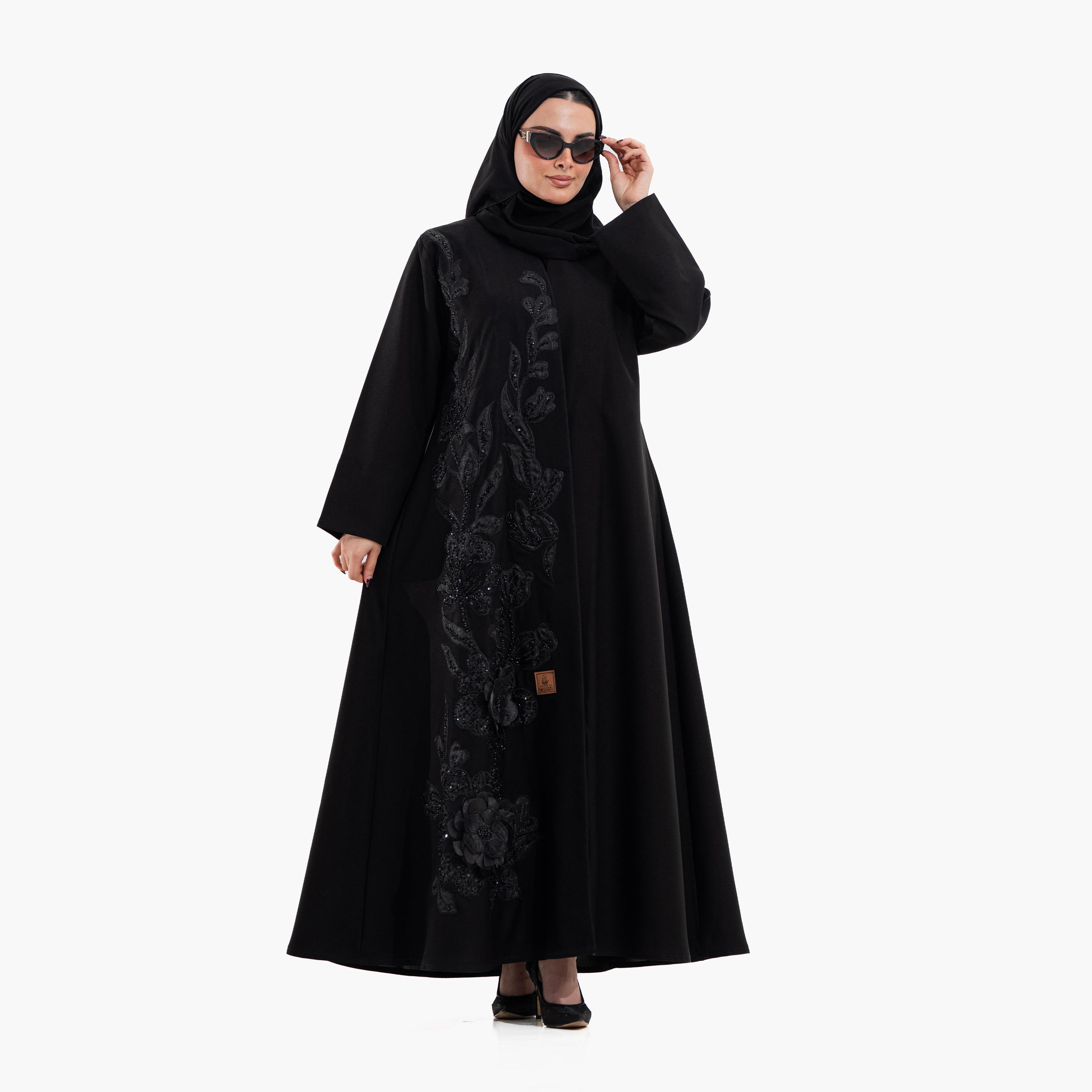 عباية سهرة نسائية مزينة بخرز "فلورال" مع حجاب - أسود من زاهية-women-arabicclothing-abayas-image-2