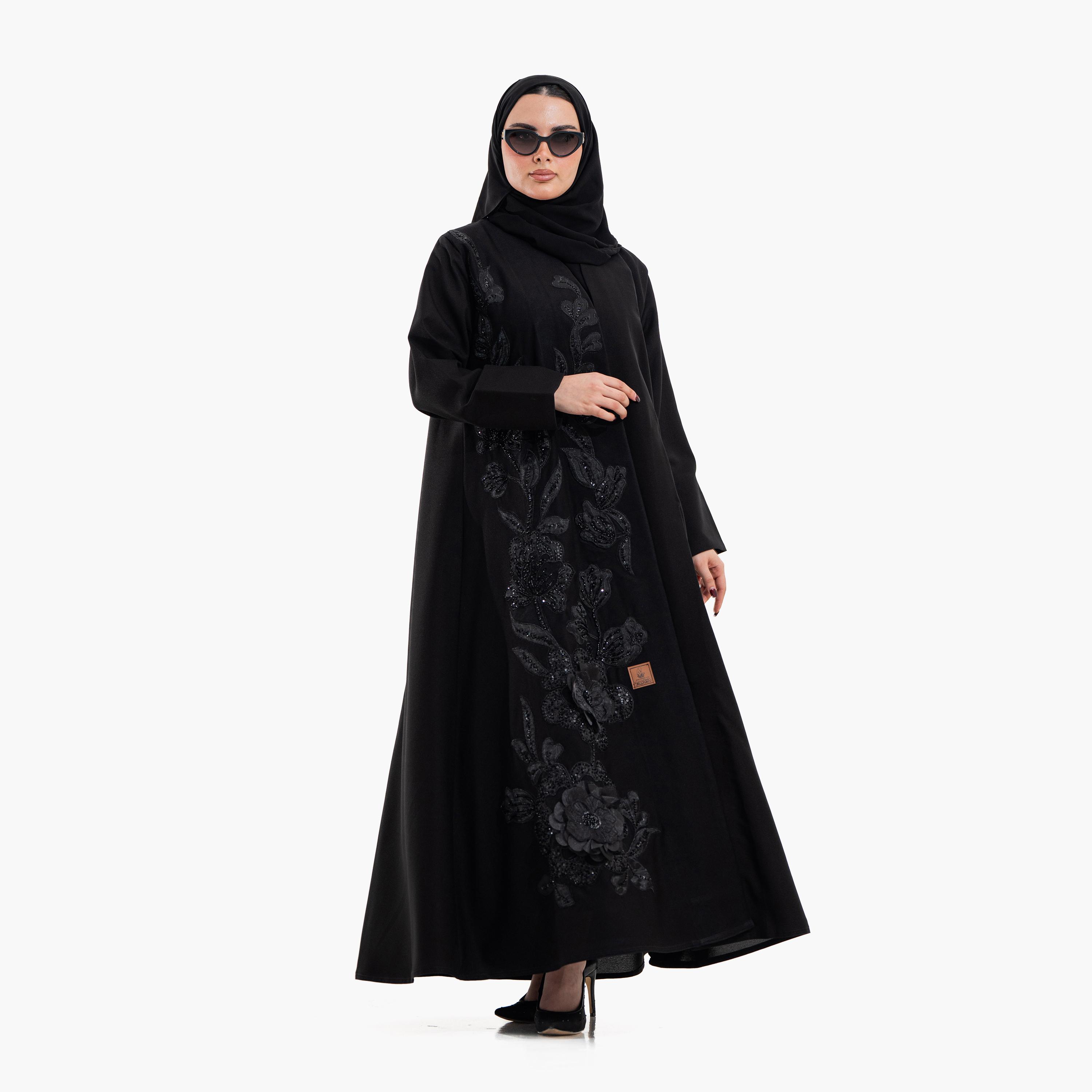 عباية سهرة نسائية مزينة بخرز "فلورال" مع حجاب - أسود من زاهية-women-arabicclothing-abayas-image-3