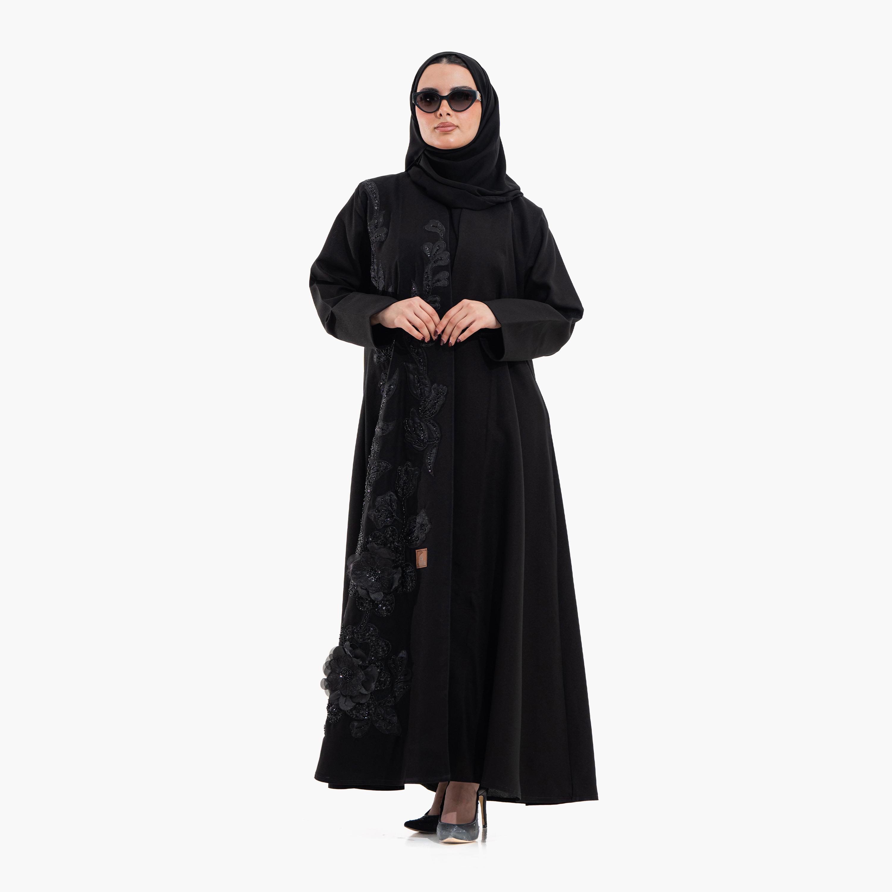 عباية سهرة نسائية مزينة بخرز "فلورال" مع حجاب - أسود من زاهية-women-arabicclothing-abayas-image-4