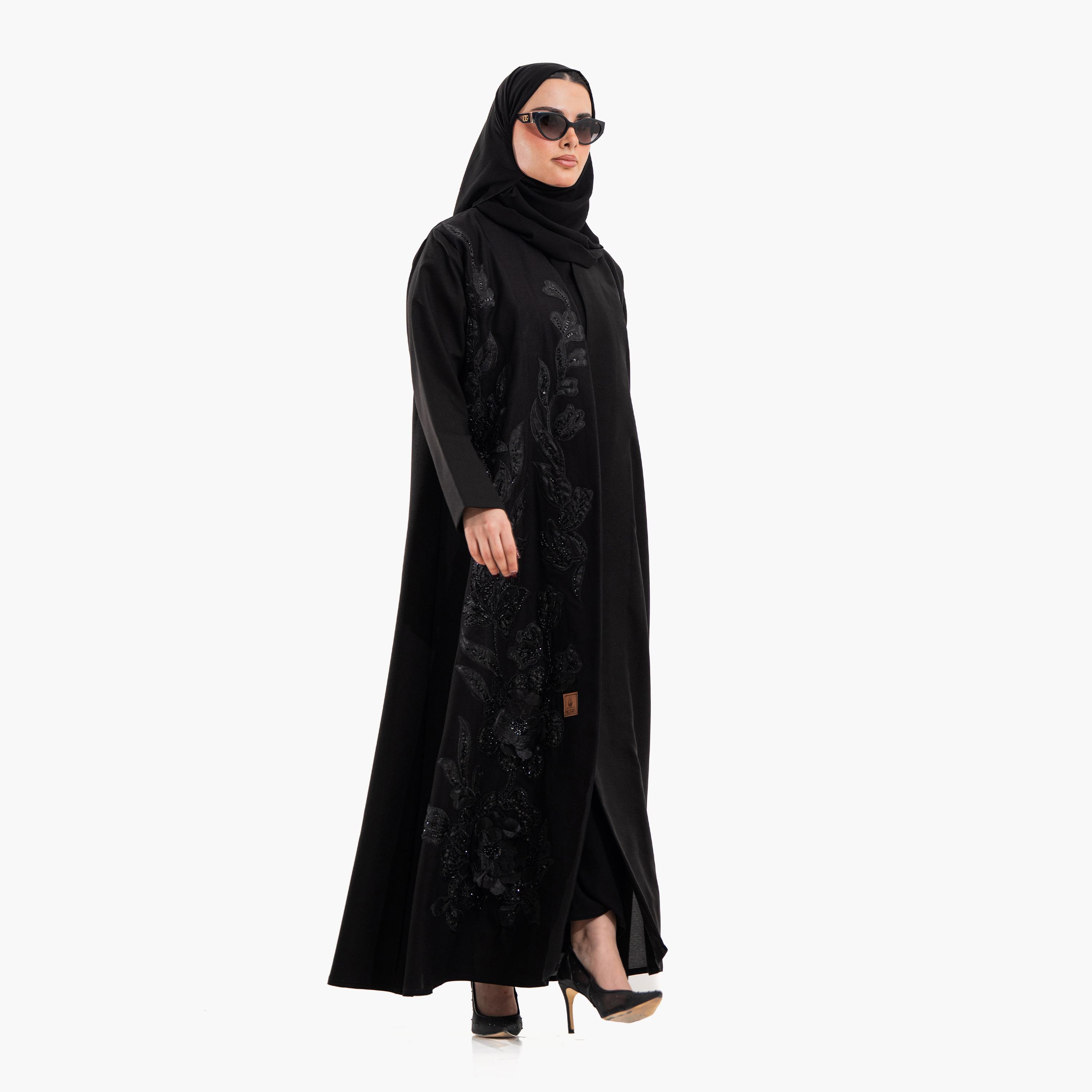 عباية سهرة نسائية مزينة بخرز "فلورال" مع حجاب - أسود من زاهية-women-arabicclothing-abayas-image-5