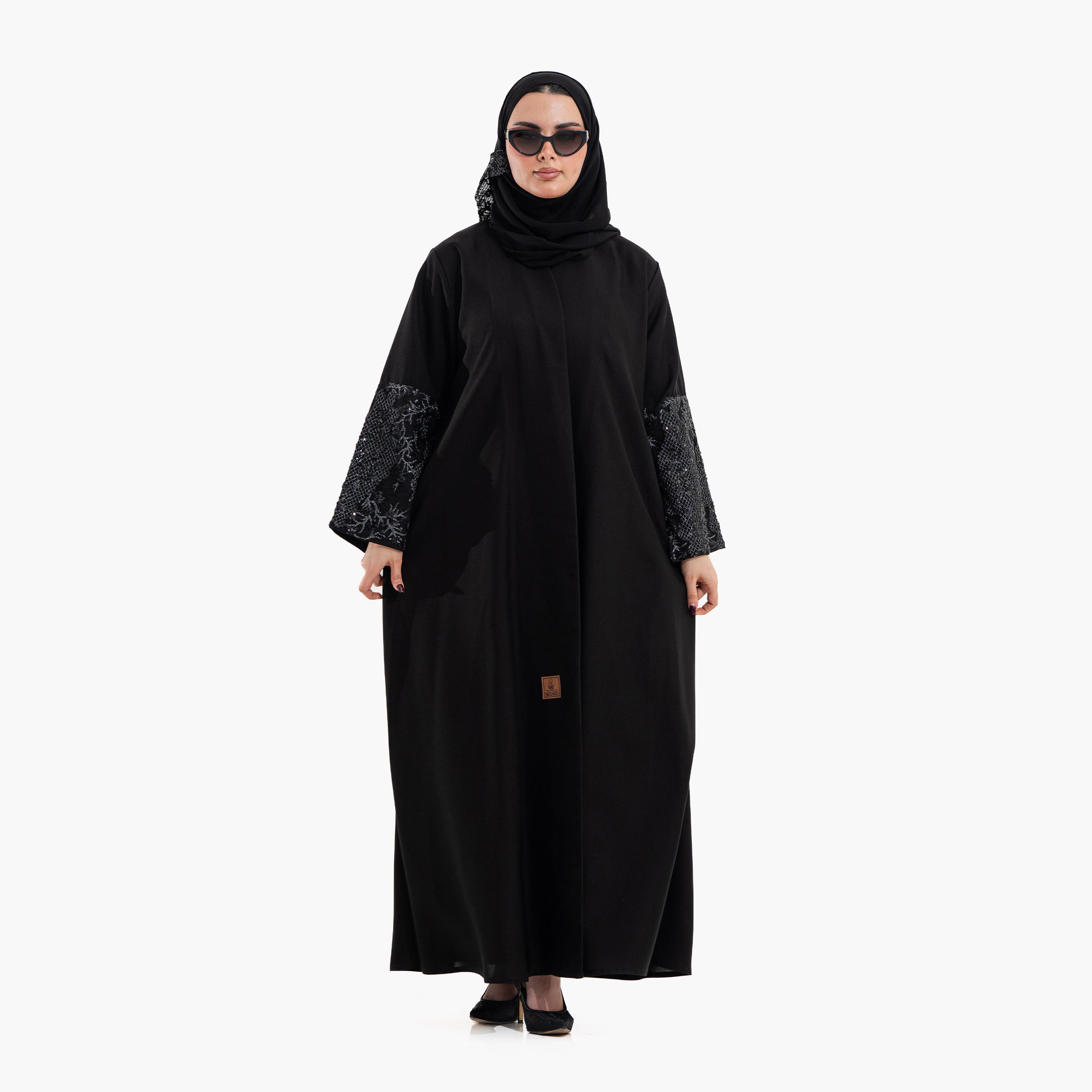Zahiyh Black Embellished Sleeves Women's Evening Abaya with Hijab-women-arabicclothing-abayas-image-1