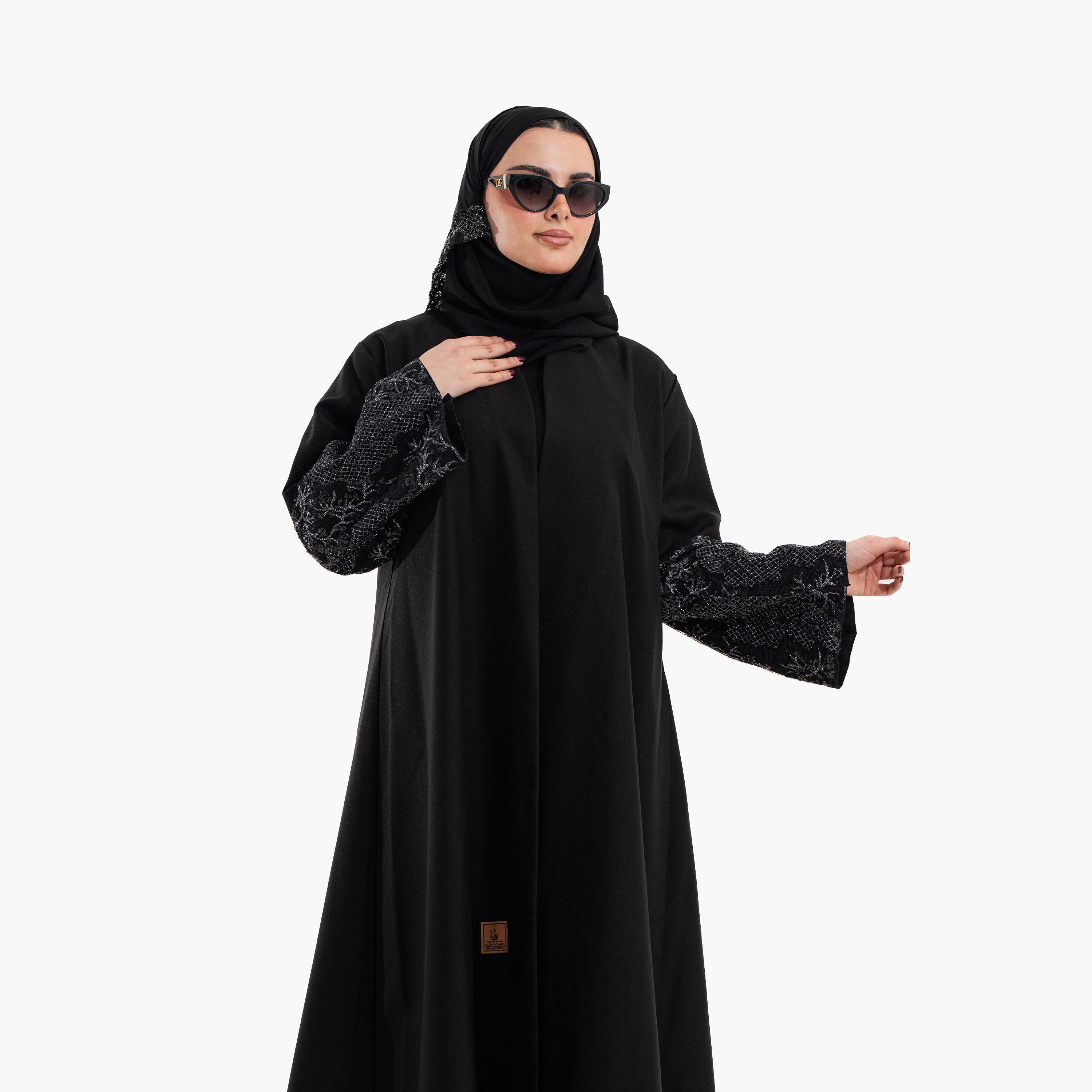 Zahiyh Black Embellished Sleeves Women's Evening Abaya with Hijab-women-arabicclothing-abayas-image-2