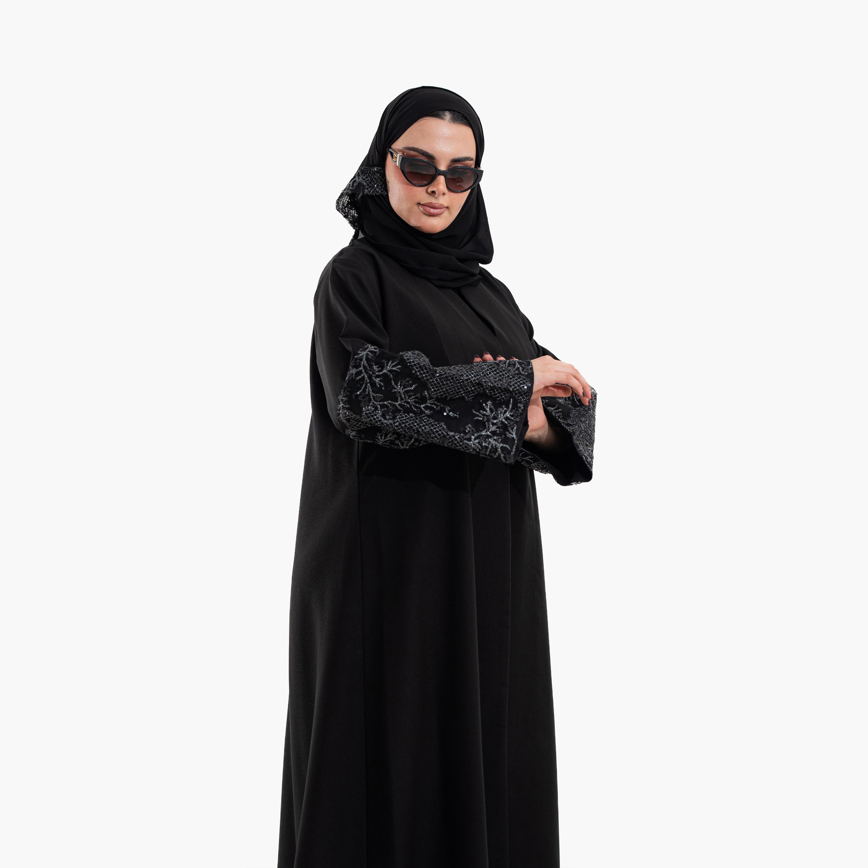 Zahiyh Black Embellished Sleeves Women's Evening Abaya with Hijab-women-arabicclothing-abayas-image-3