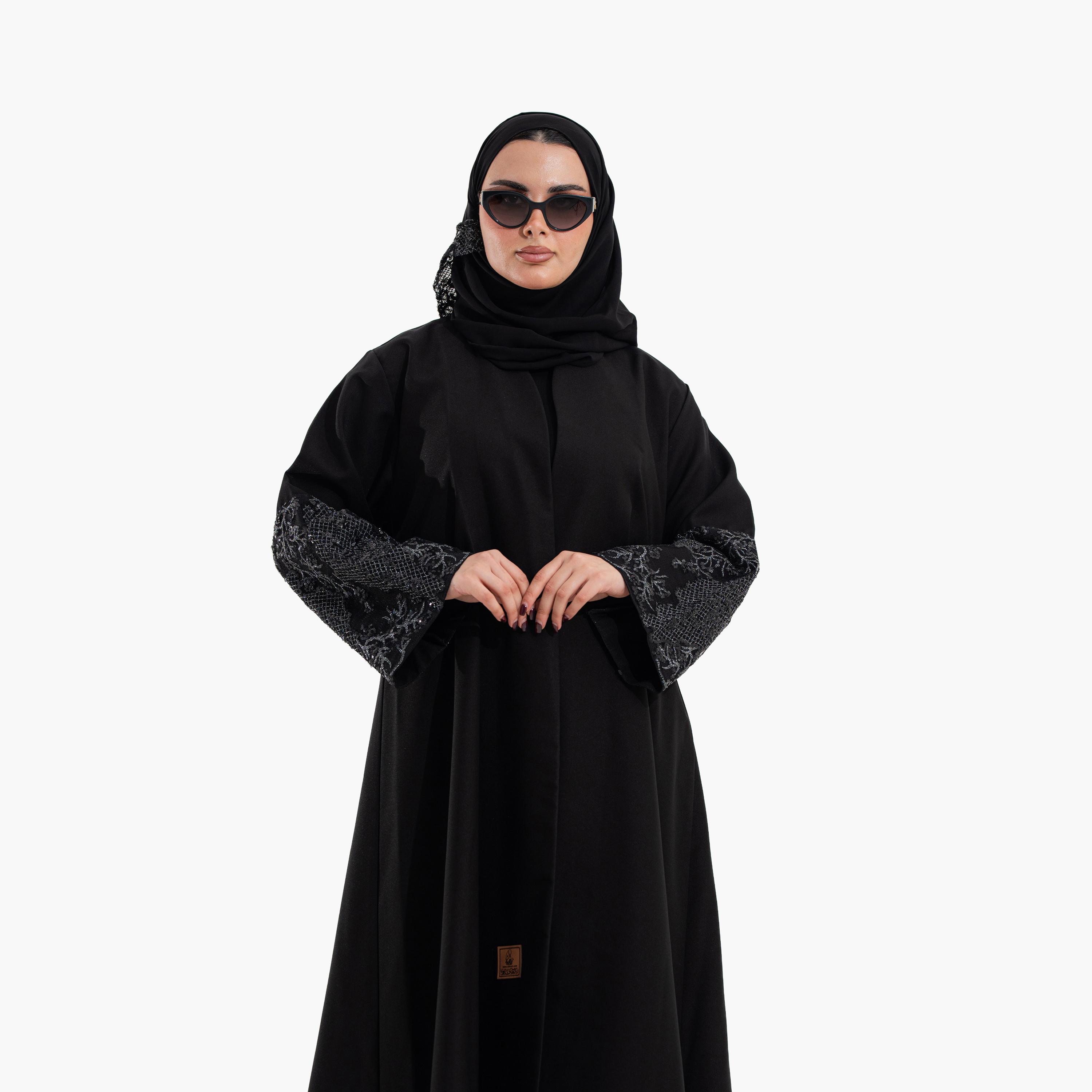 Zahiyh Black Embellished Sleeves Women's Evening Abaya with Hijab-women-arabicclothing-abayas-image-4