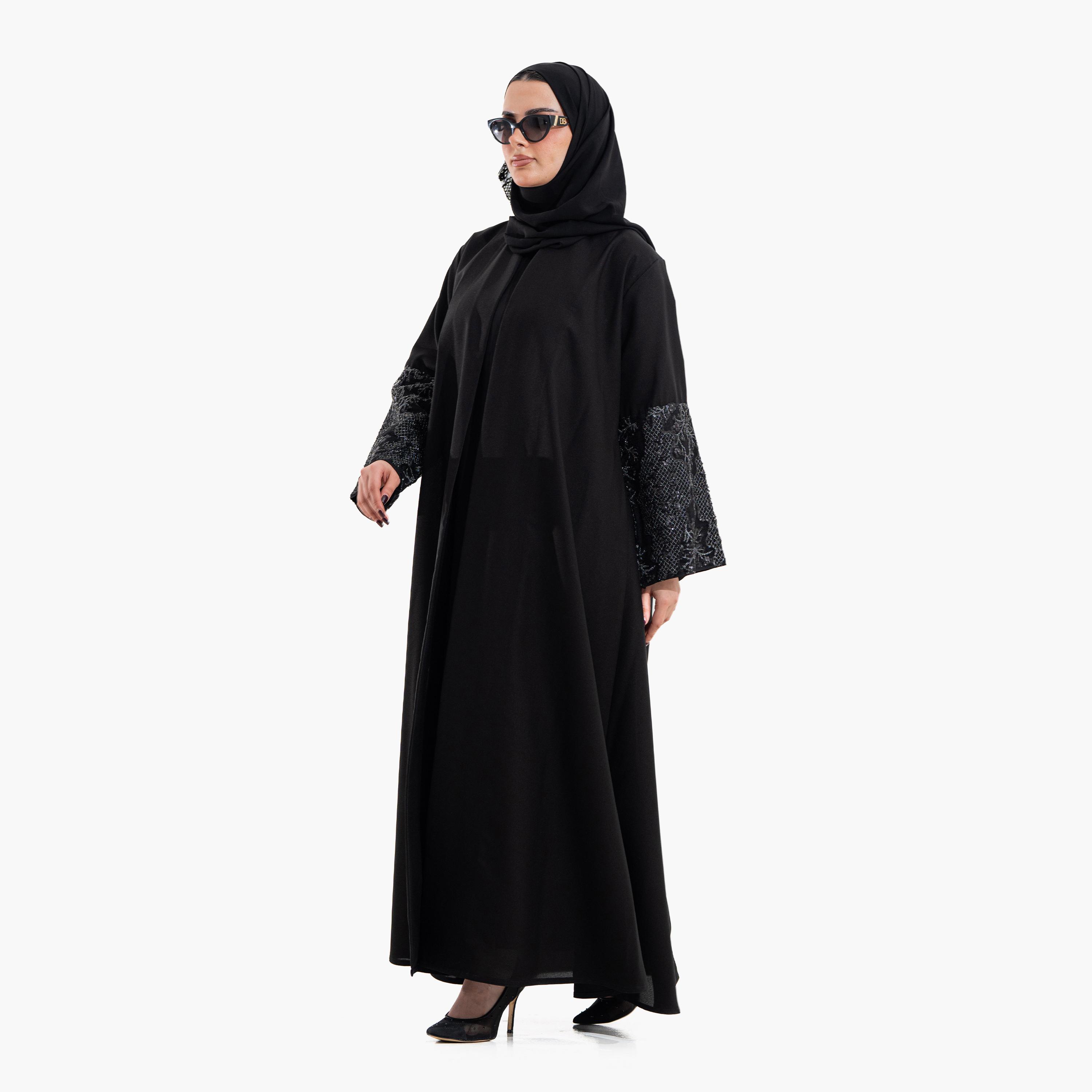 Zahiyh Black Embellished Sleeves Women's Evening Abaya with Hijab-women-arabicclothing-abayas-image-5