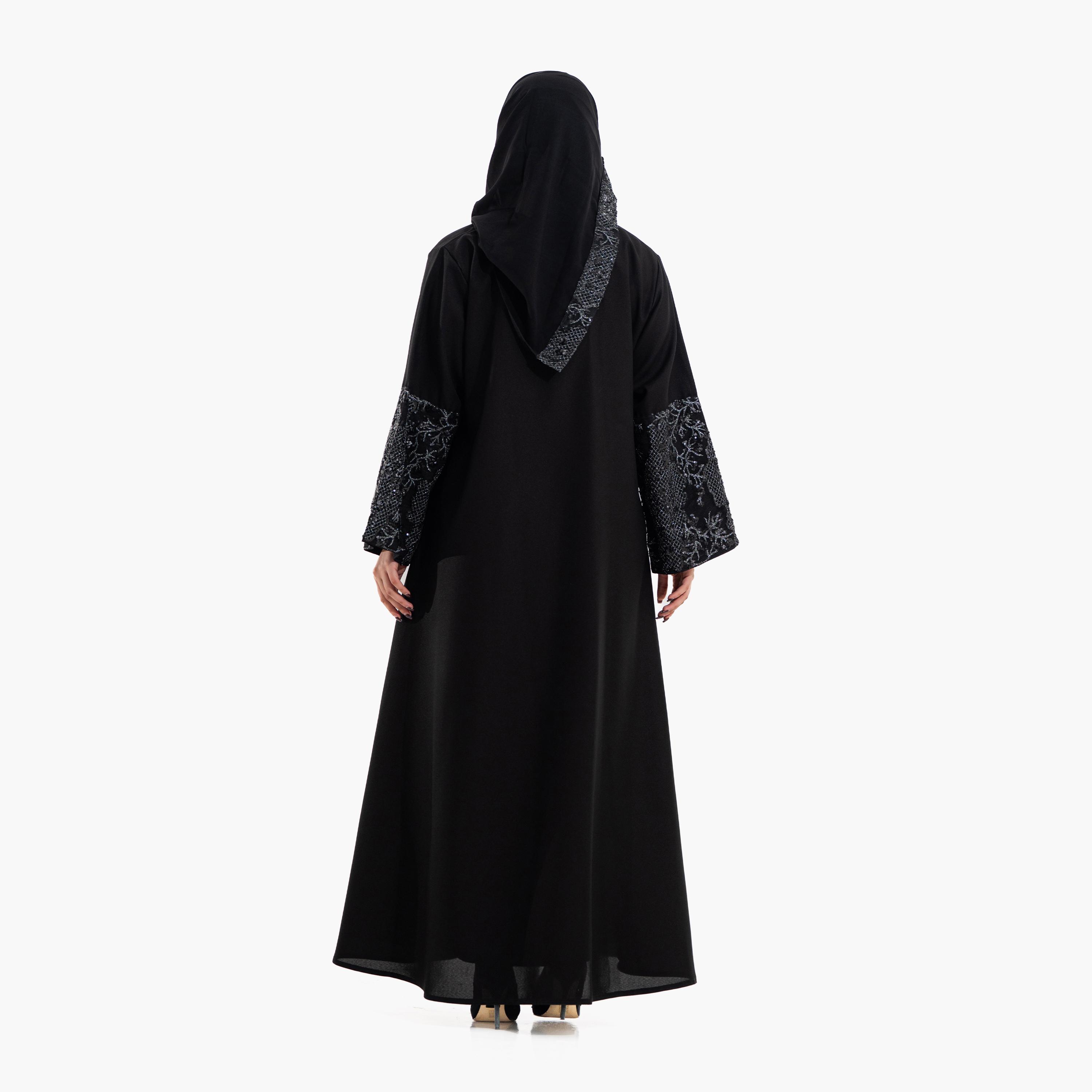 Zahiyh Black Embellished Sleeves Women's Evening Abaya with Hijab-women-arabicclothing-abayas-image-6