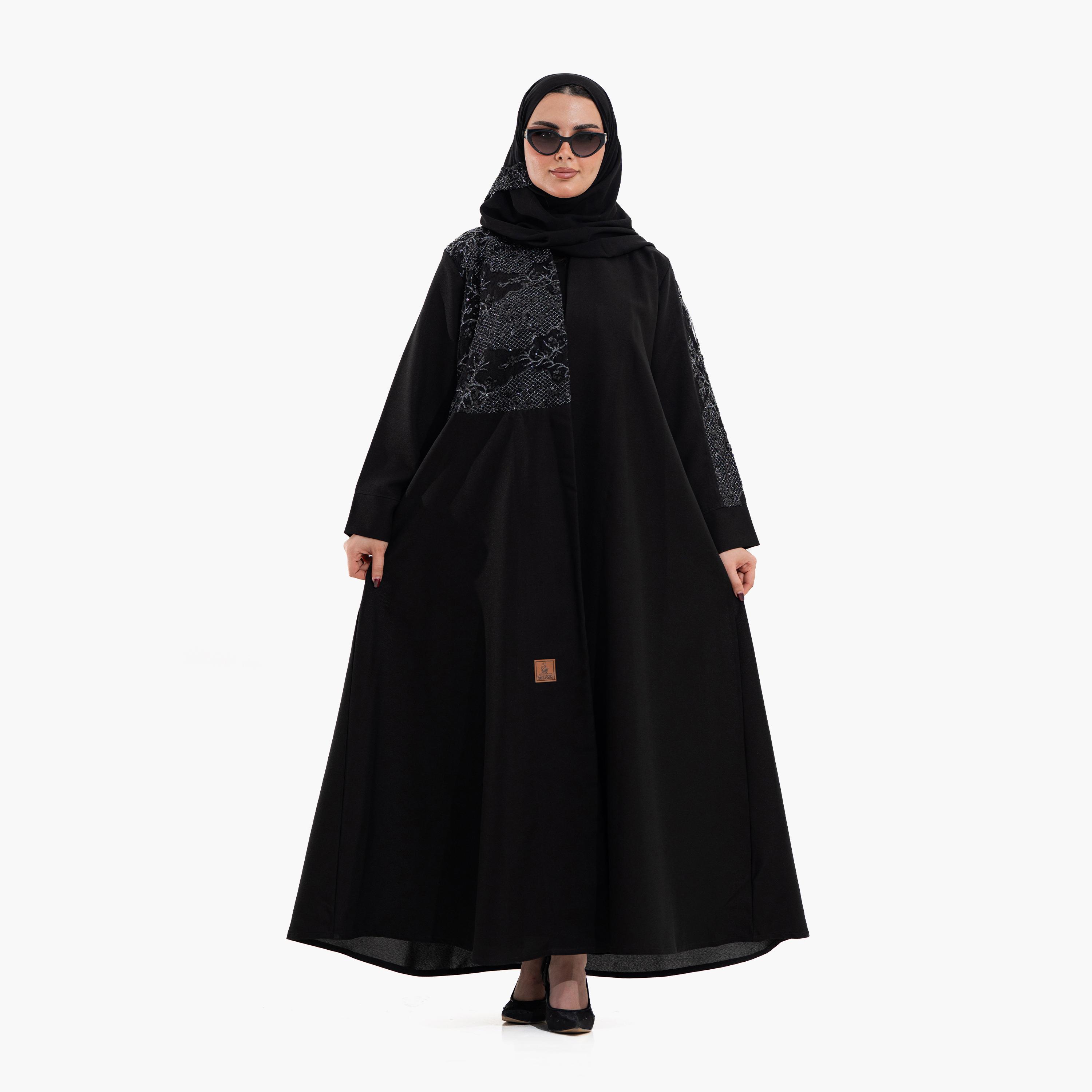 Zahiyh Black Embellished Women's Evening Abaya with Hijab-women-arabicclothing-abayas-image-1