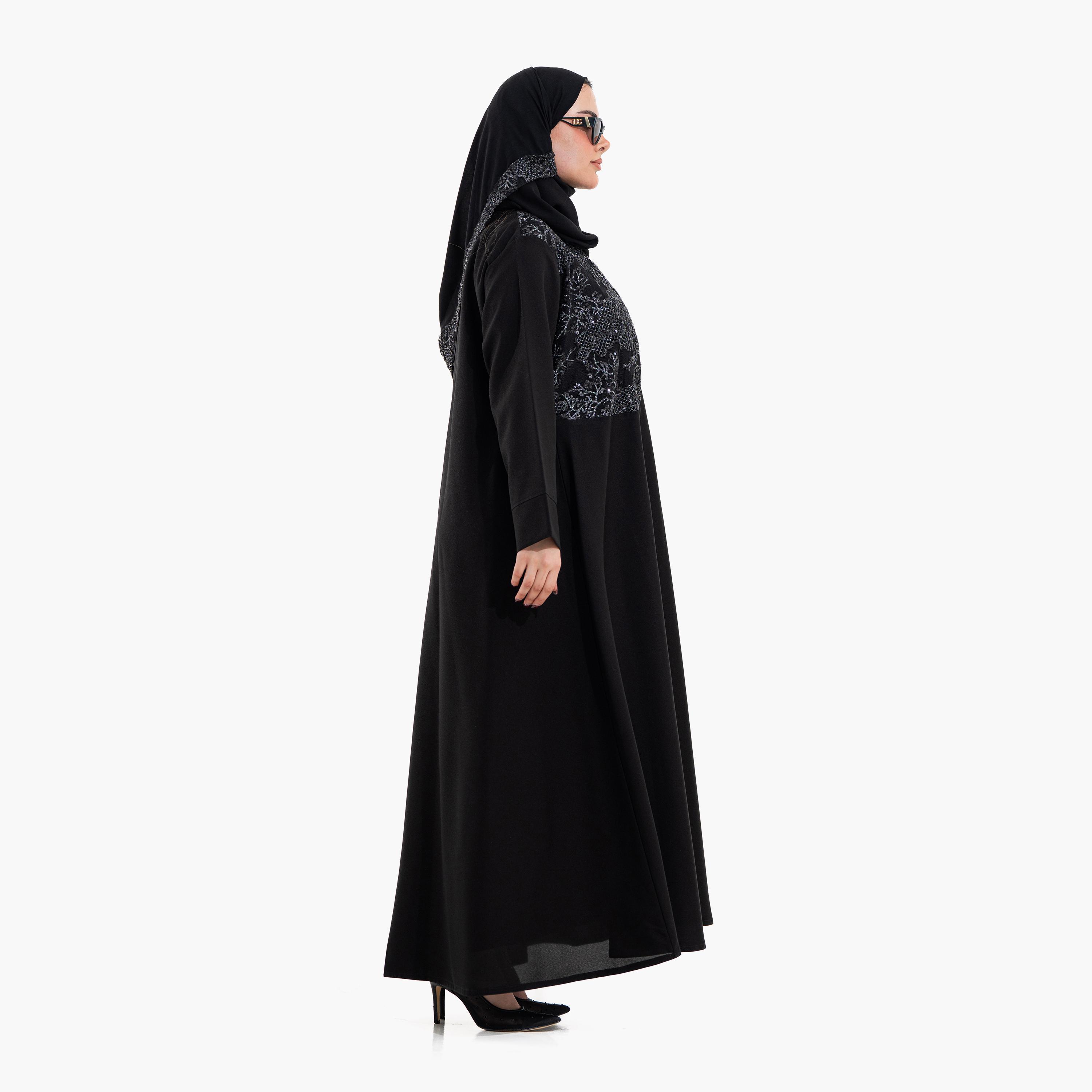 Zahiyh Black Embellished Women's Evening Abaya with Hijab-women-arabicclothing-abayas-image-2