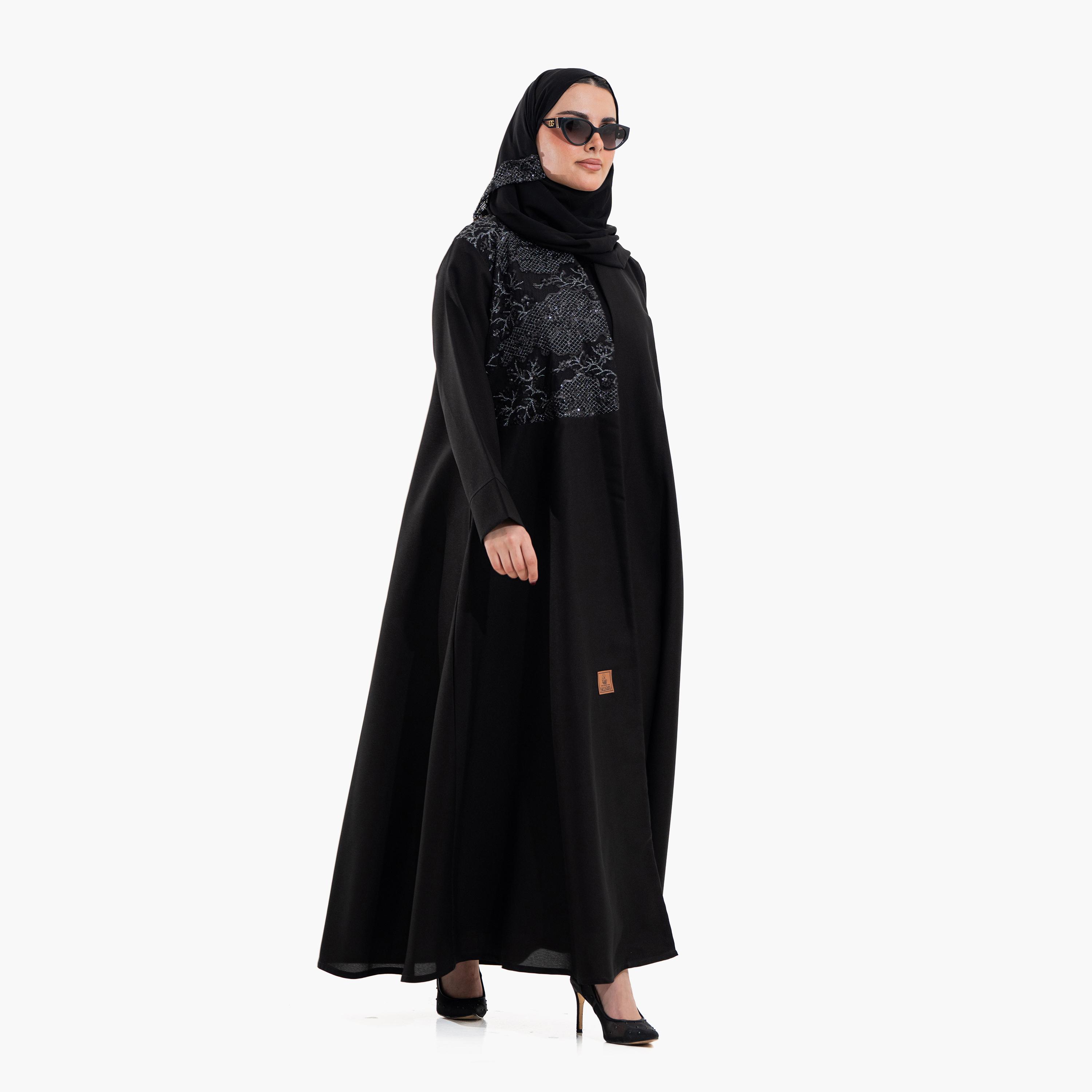 Zahiyh Black Embellished Women's Evening Abaya with Hijab-women-arabicclothing-abayas-image-3