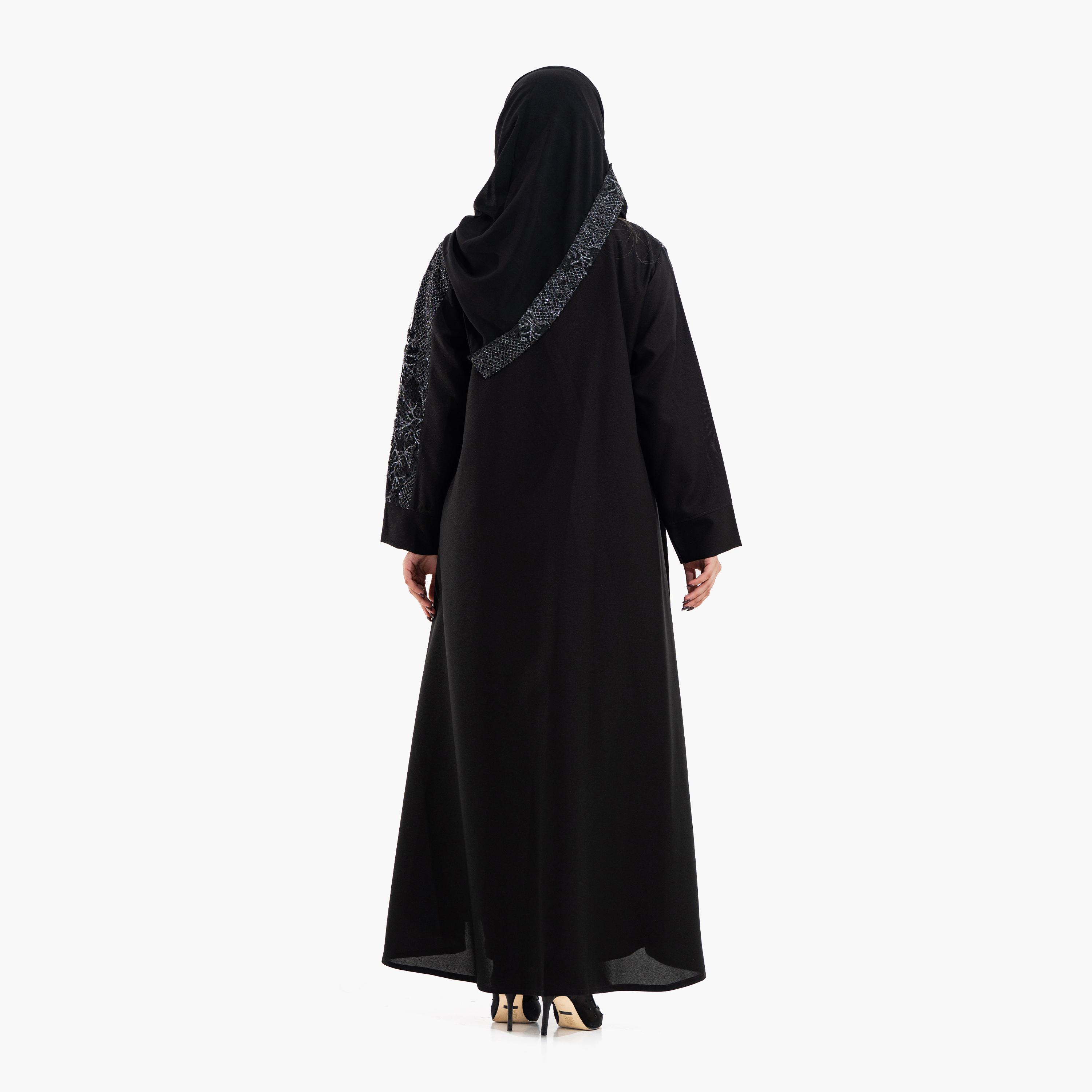 Zahiyh Black Embellished Women's Evening Abaya with Hijab-women-arabicclothing-abayas-image-4