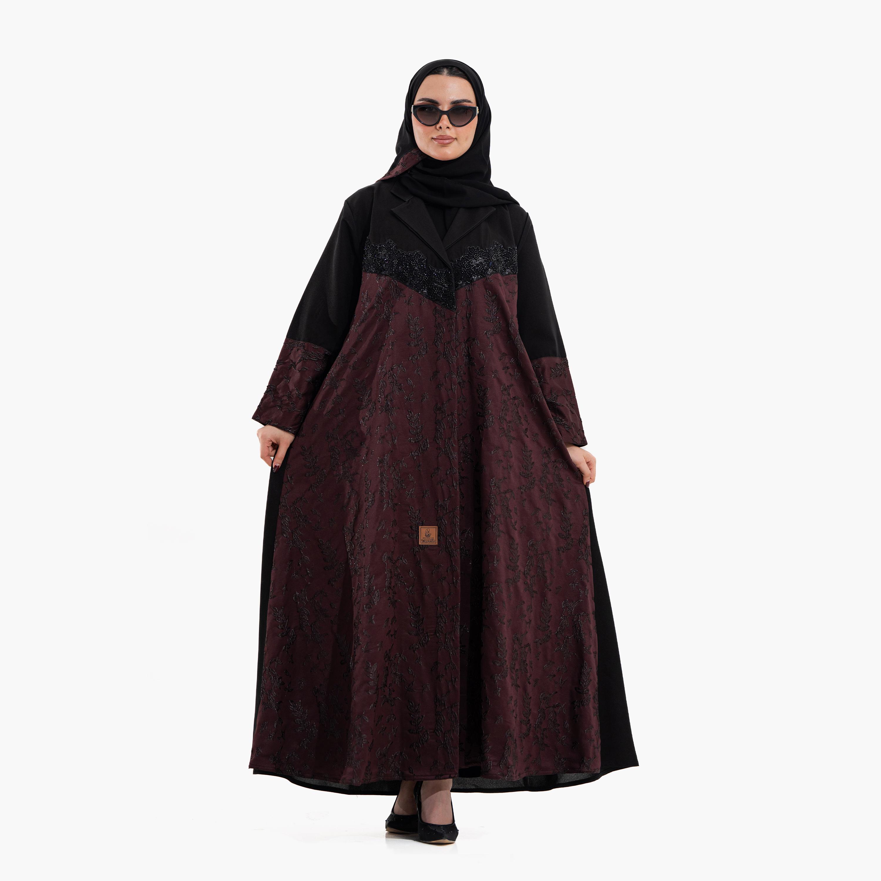 Zahiyh Embroidered Dual Toned Lapel Collar Wide Cuff Sleeves Women's Evening Flared Abaya with Hijab-women-arabicclothing-abayas-image-1