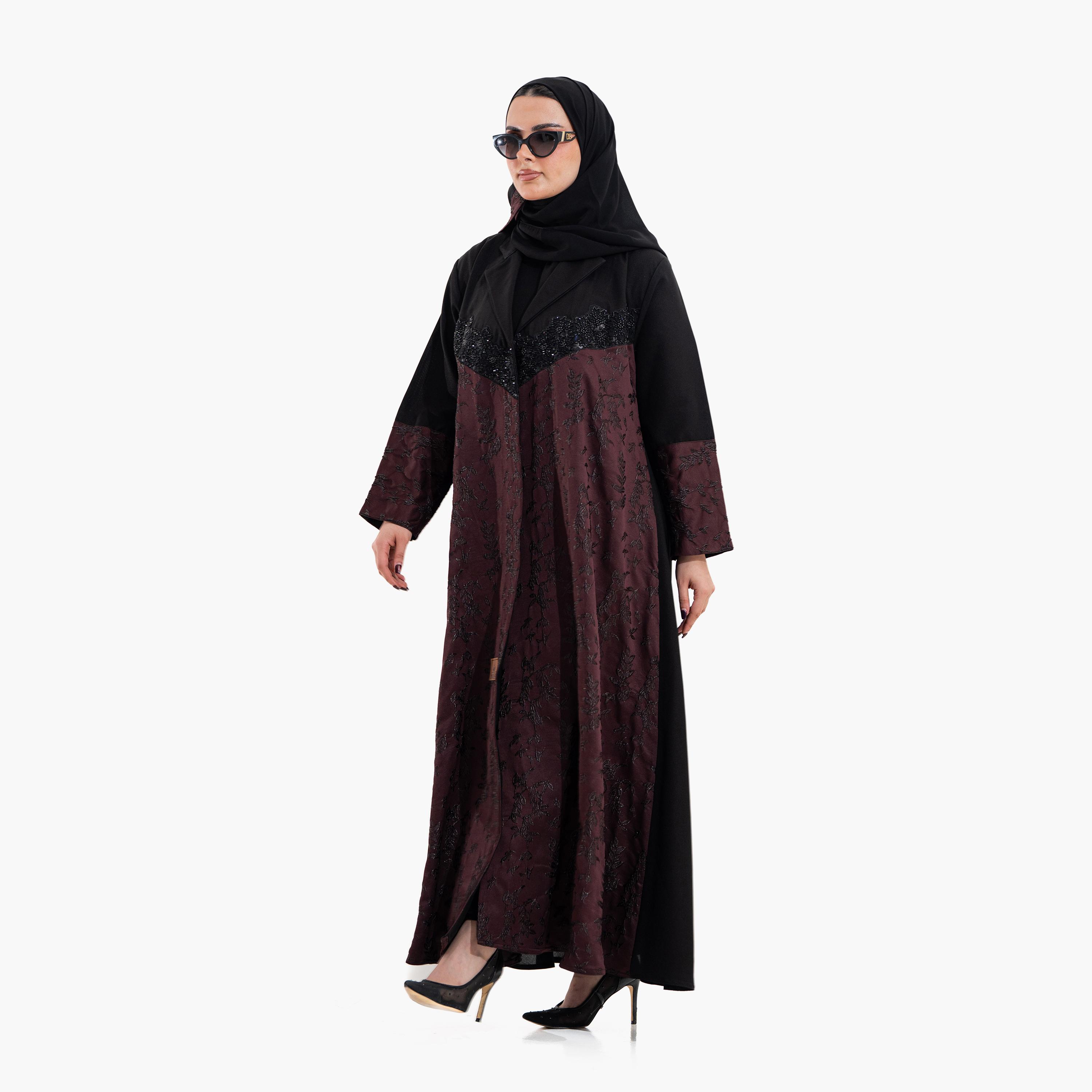 Zahiyh Embroidered Dual Toned Lapel Collar Wide Cuff Sleeves Women's Evening Flared Abaya with Hijab-women-arabicclothing-abayas-image-2