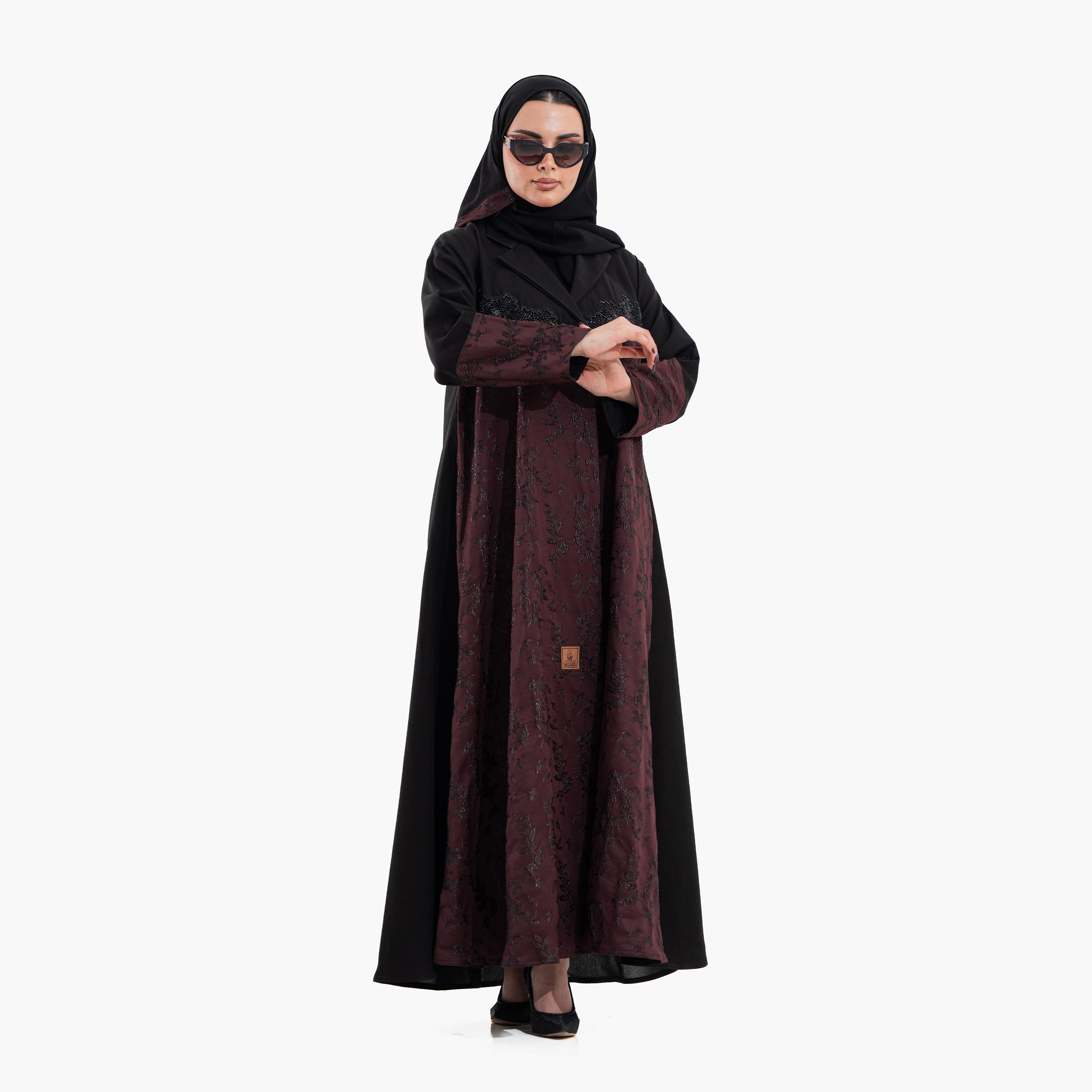 Zahiyh Embroidered Dual Toned Lapel Collar Wide Cuff Sleeves Women's Evening Flared Abaya with Hijab-women-arabicclothing-abayas-image-3