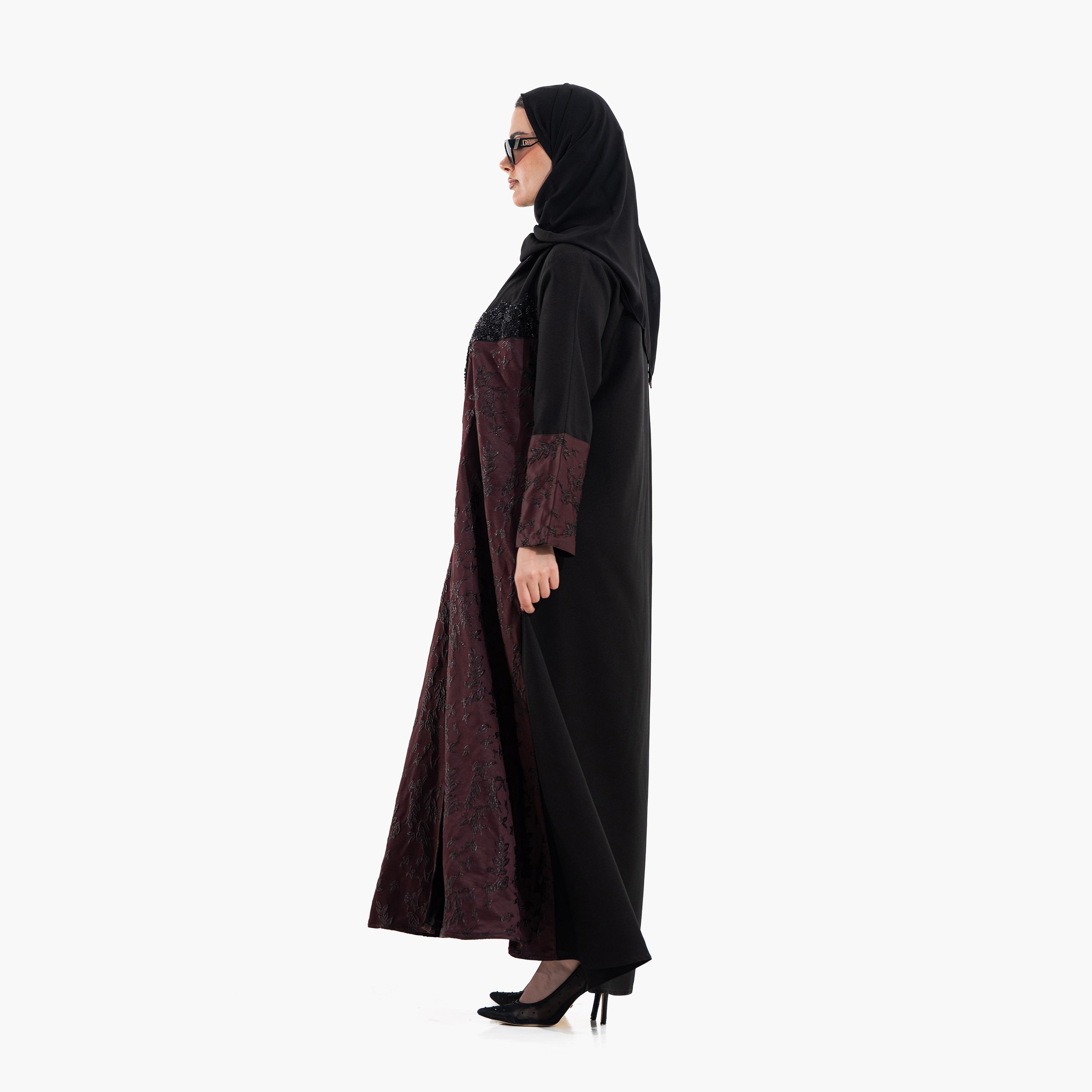 Zahiyh Embroidered Dual Toned Lapel Collar Wide Cuff Sleeves Women's Evening Flared Abaya with Hijab-women-arabicclothing-abayas-image-4