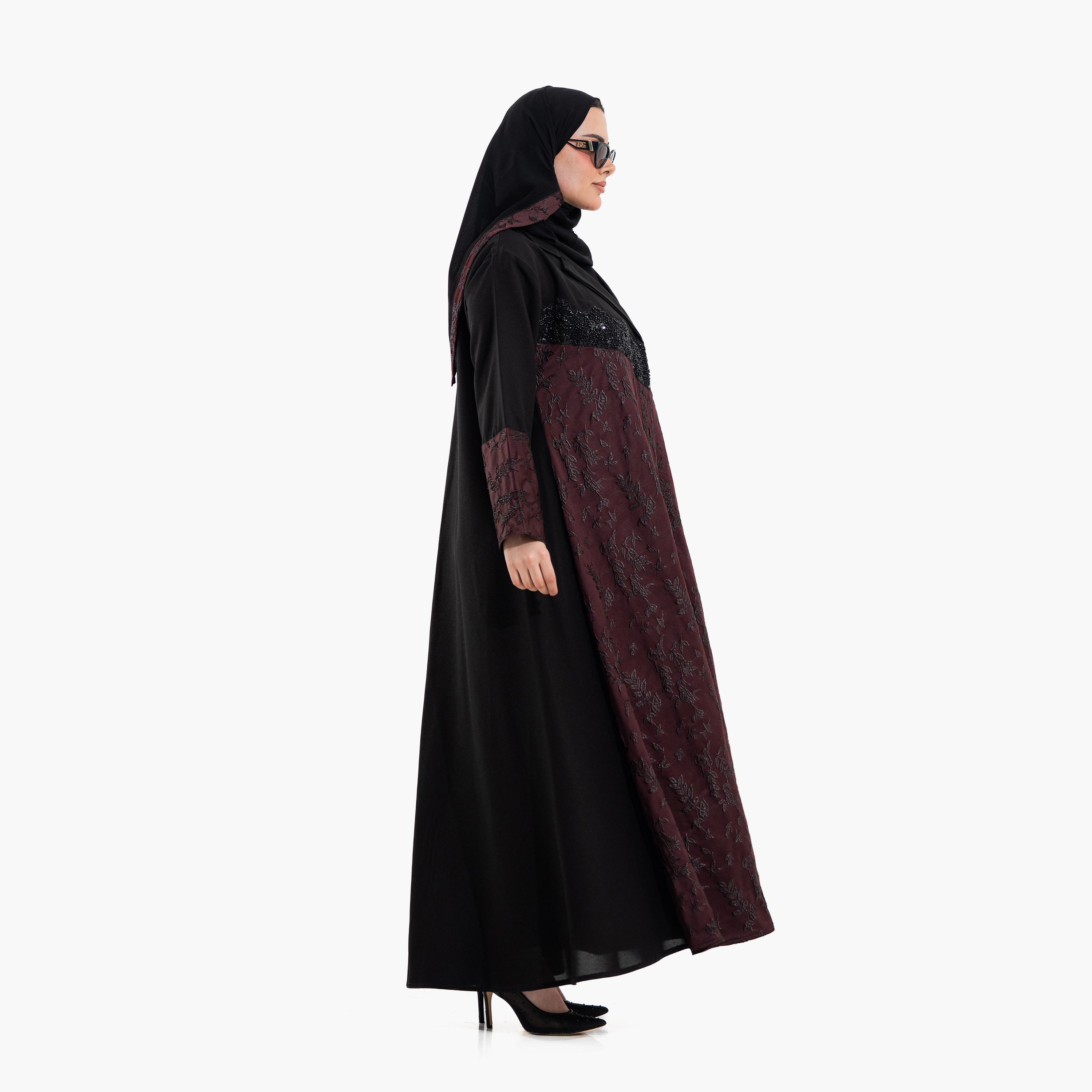 Zahiyh Embroidered Dual Toned Lapel Collar Wide Cuff Sleeves Women's Evening Flared Abaya with Hijab-women-arabicclothing-abayas-image-5