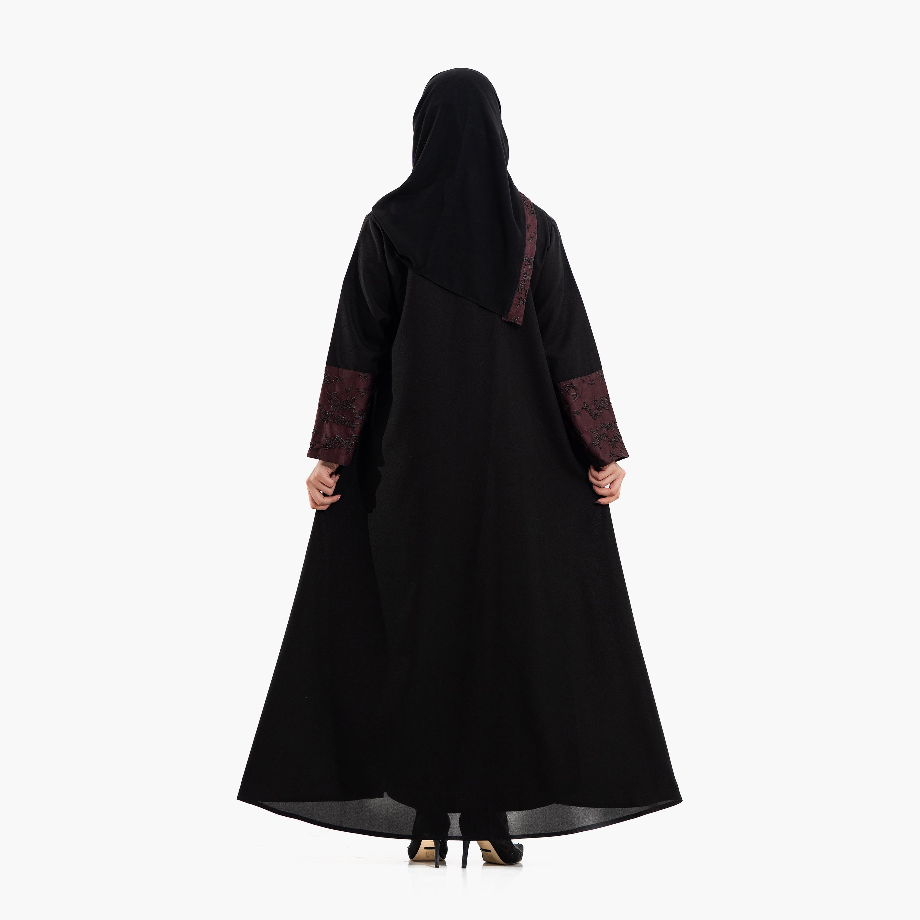 Zahiyh Embroidered Dual Toned Lapel Collar Wide Cuff Sleeves Women's Evening Flared Abaya with Hijab-women-arabicclothing-abayas-image-6