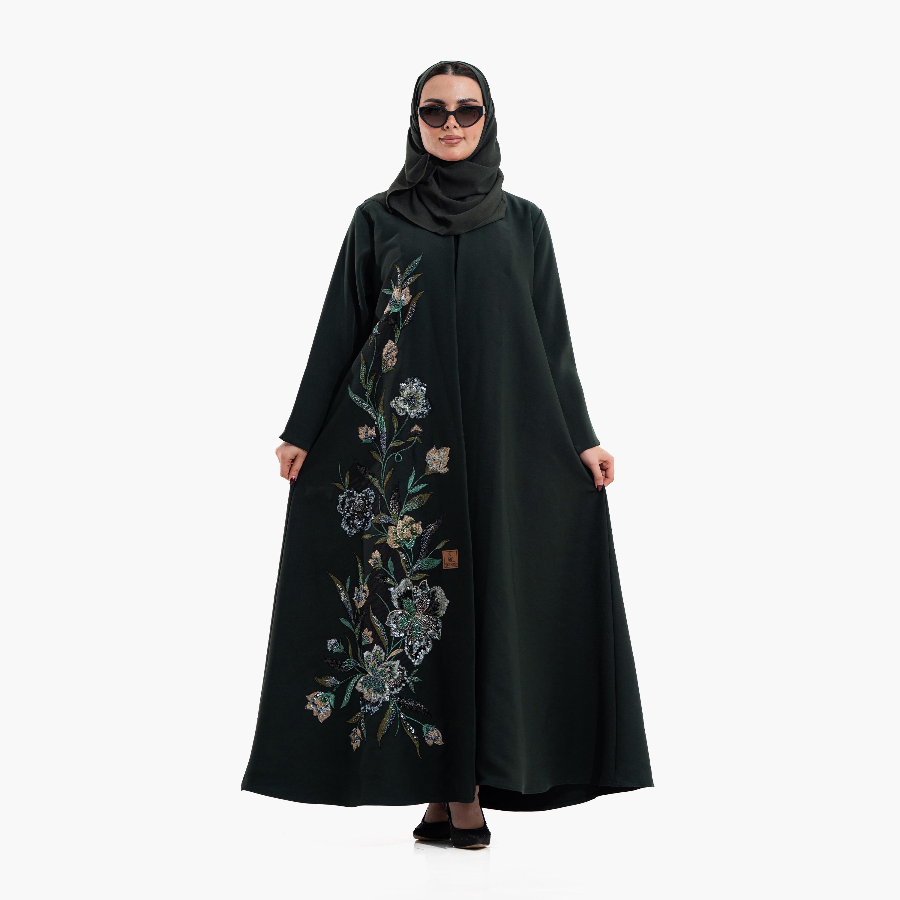 Zahiyh Green Beaded & Floral Embroidered Women's Evening Abaya with Hijab-women-arabicclothing-abayas-image-1