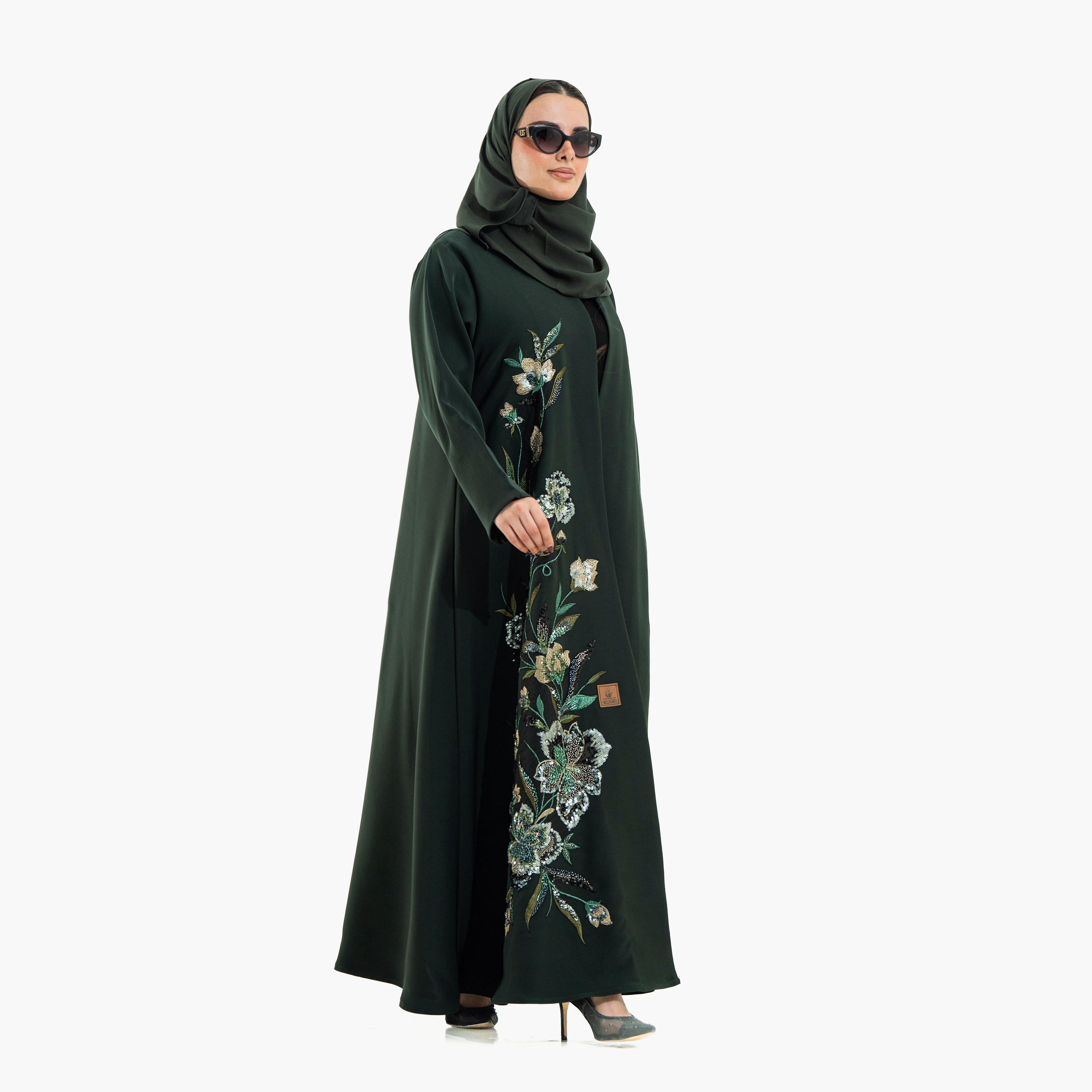Zahiyh Green Beaded & Floral Embroidered Women's Evening Abaya with Hijab-women-arabicclothing-abayas-image-2
