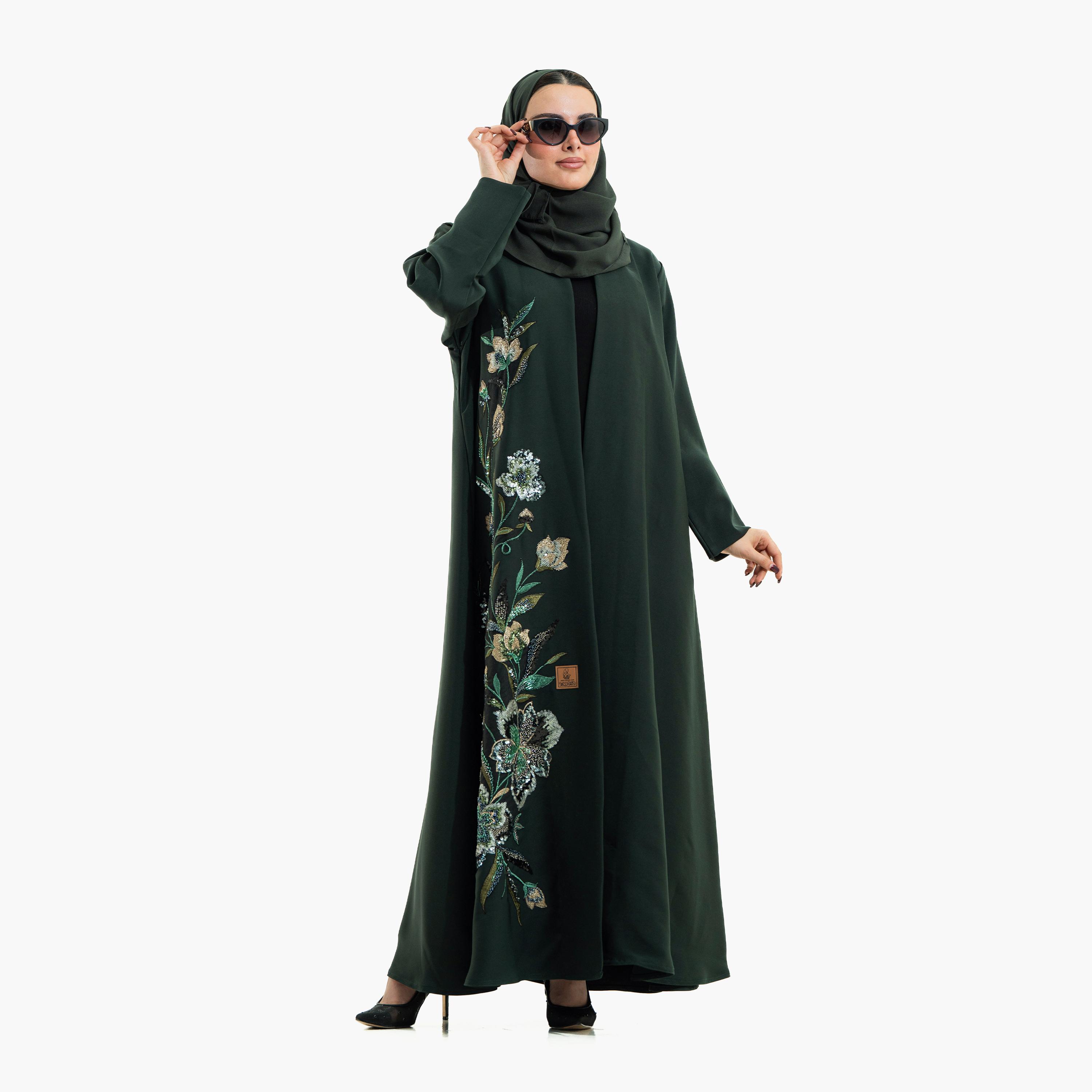Zahiyh Green Beaded & Floral Embroidered Women's Evening Abaya with Hijab-women-arabicclothing-abayas-image-3