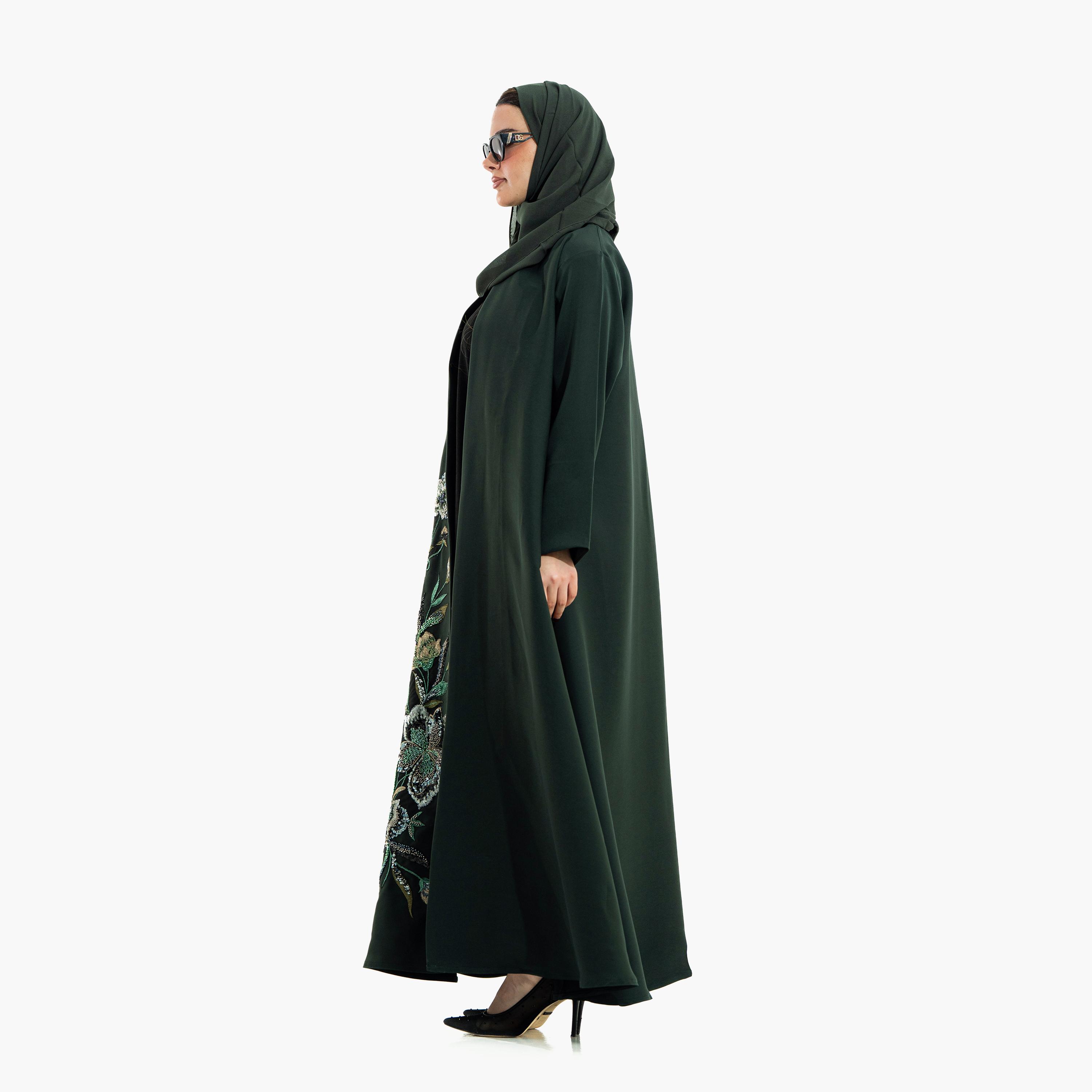 Zahiyh Green Beaded & Floral Embroidered Women's Evening Abaya with Hijab-women-arabicclothing-abayas-image-4