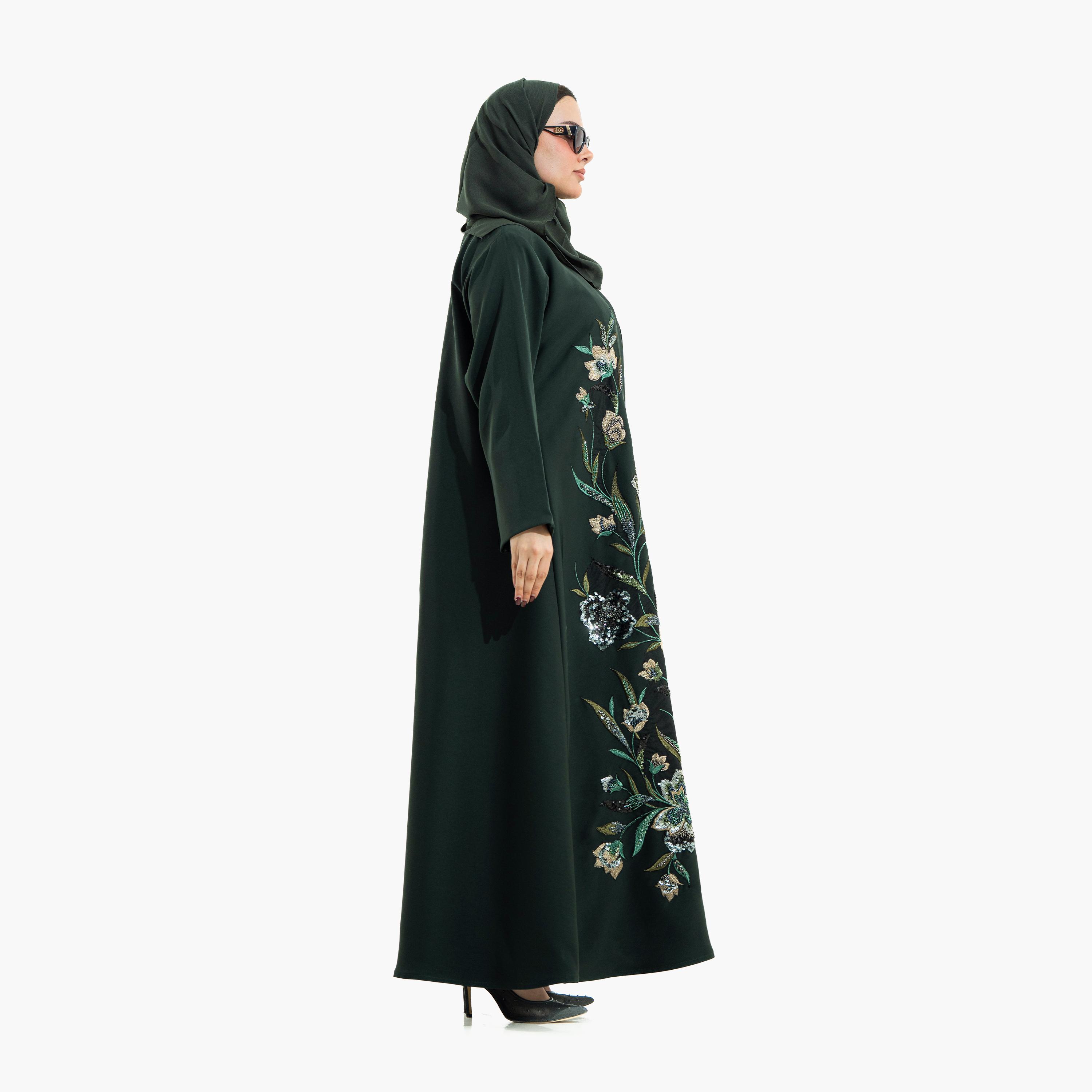 Zahiyh Green Beaded & Floral Embroidered Women's Evening Abaya with Hijab-women-arabicclothing-abayas-image-5
