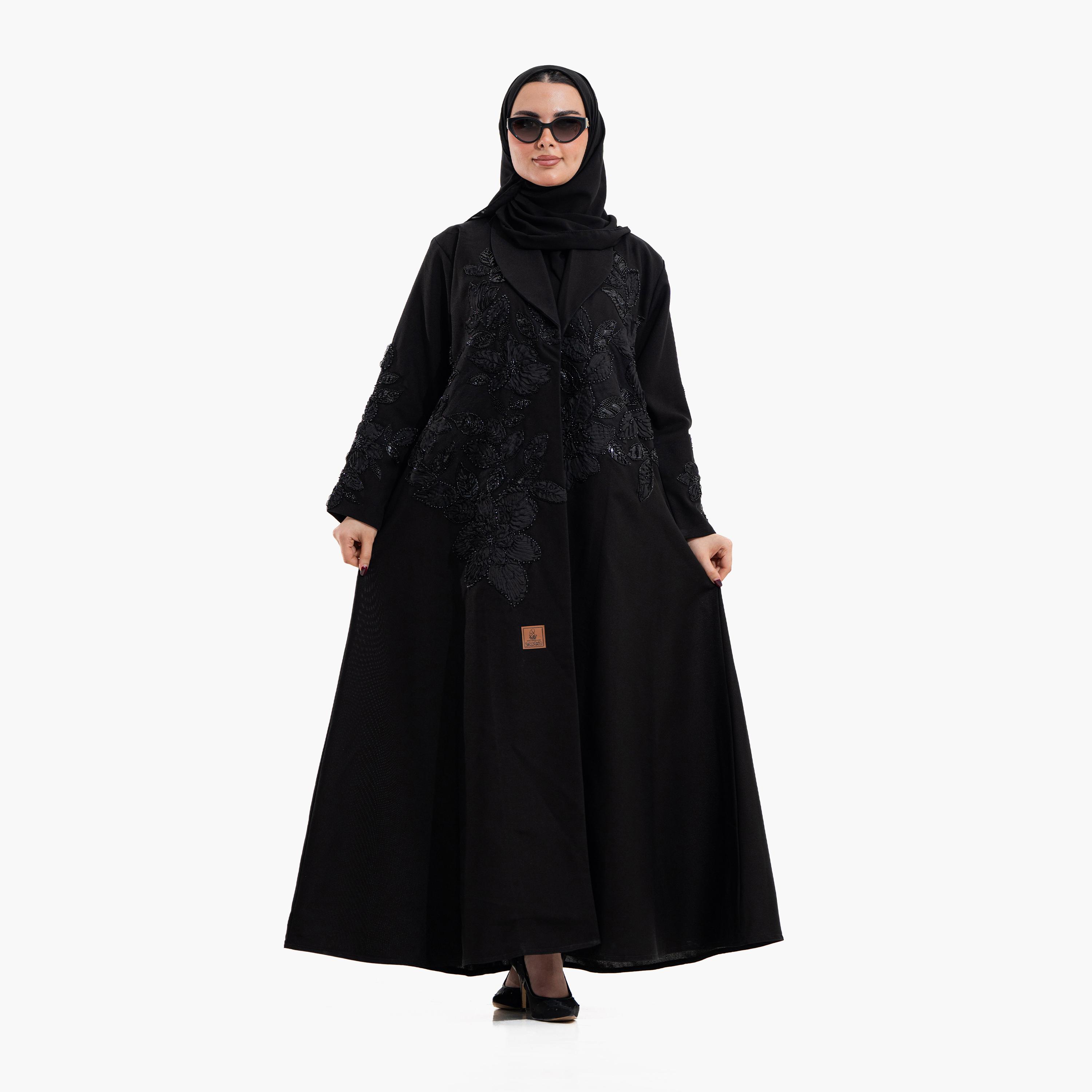 عباية سهرة نسائية بياقة "لابل" وتطريز "فلورال سيكويند" مع حجاب - أسود من زاهية-women-arabicclothing-abayas-image-1