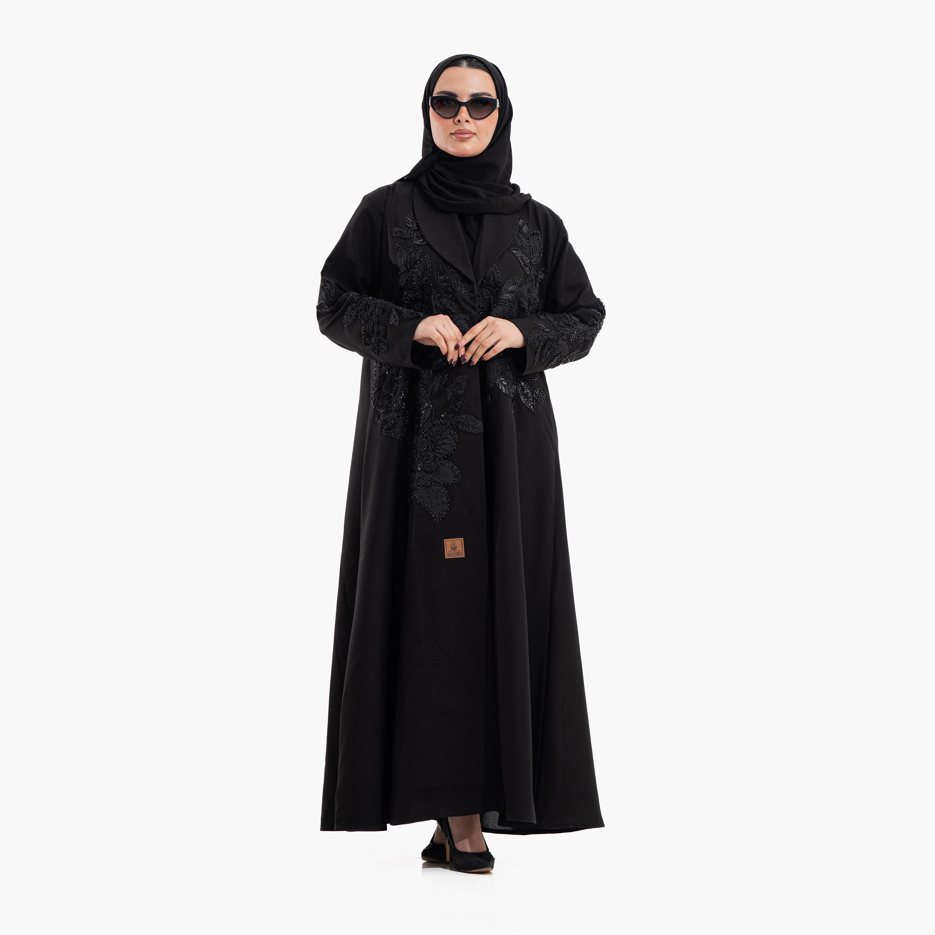 عباية سهرة نسائية بياقة "لابل" وتطريز "فلورال سيكويند" مع حجاب - أسود من زاهية-women-arabicclothing-abayas-image-2