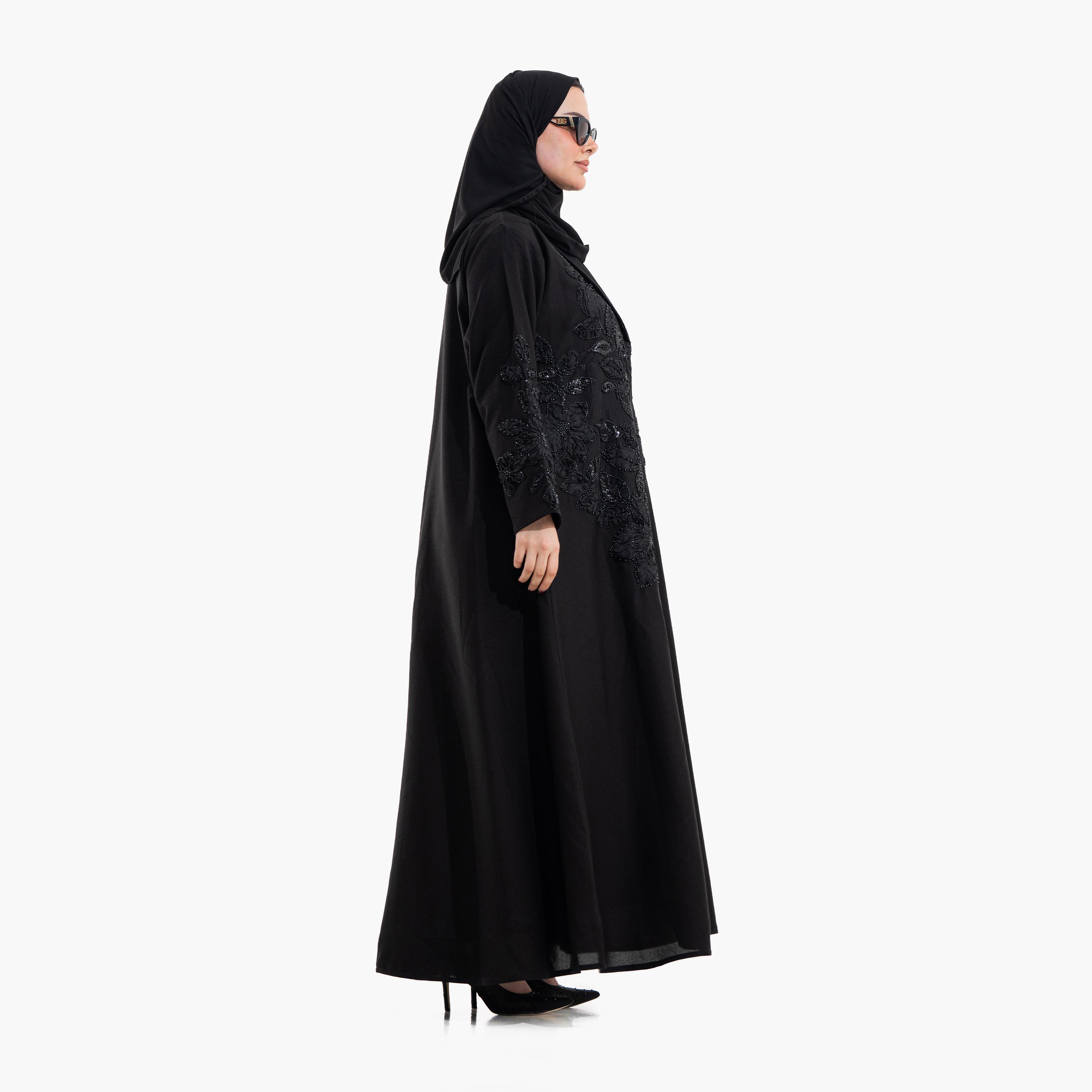 عباية سهرة نسائية بياقة "لابل" وتطريز "فلورال سيكويند" مع حجاب - أسود من زاهية-women-arabicclothing-abayas-image-3