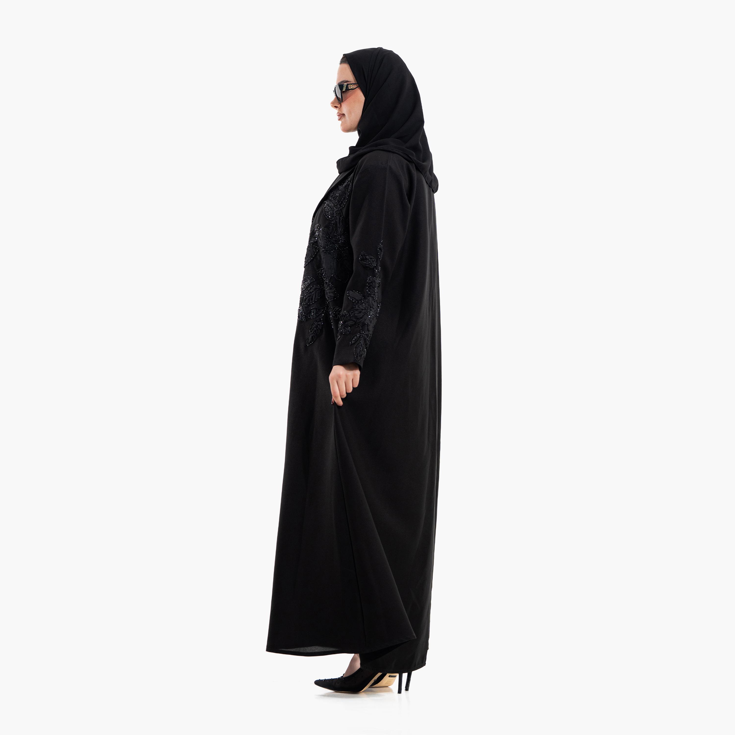 عباية سهرة نسائية بياقة "لابل" وتطريز "فلورال سيكويند" مع حجاب - أسود من زاهية-women-arabicclothing-abayas-image-4