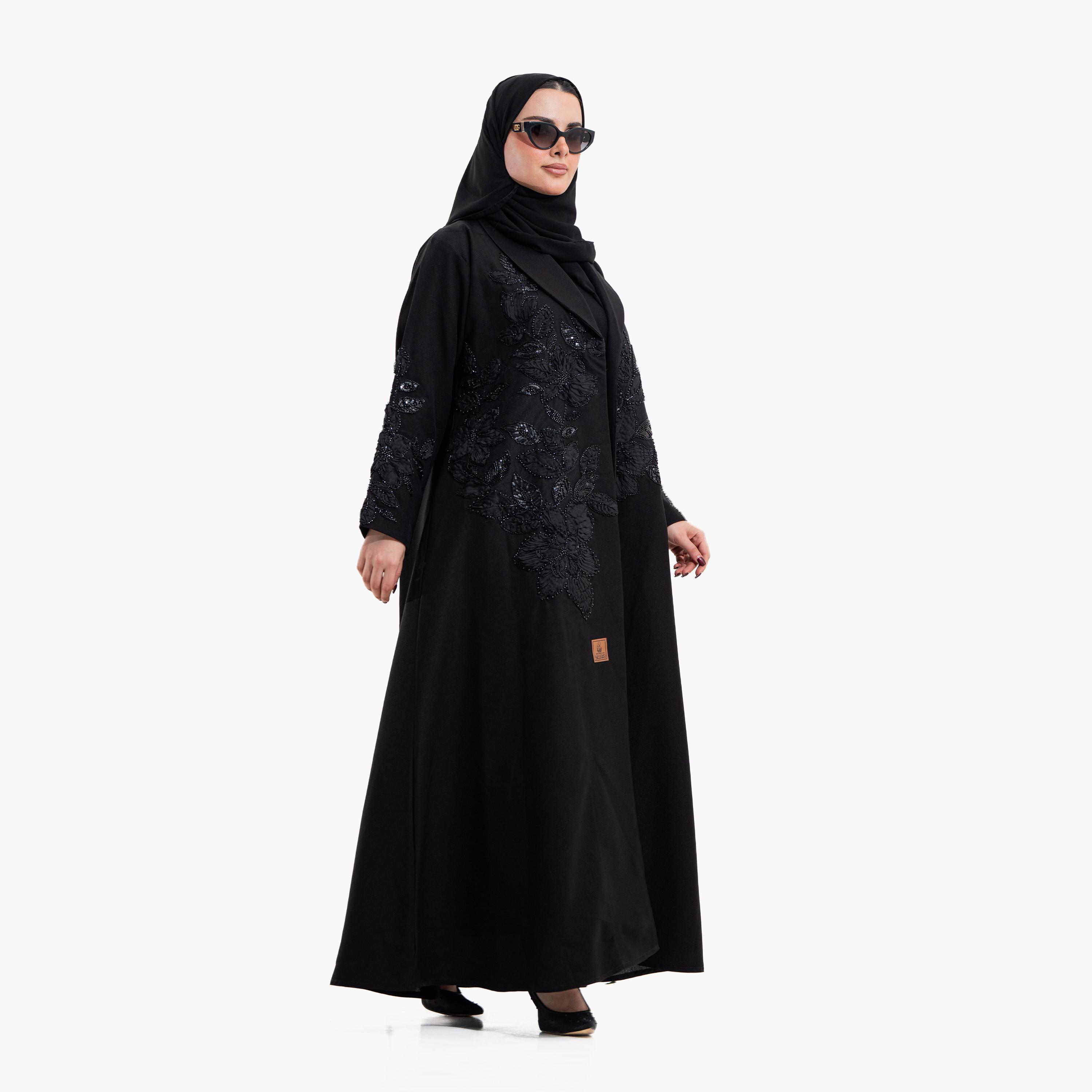 عباية سهرة نسائية بياقة "لابل" وتطريز "فلورال سيكويند" مع حجاب - أسود من زاهية-women-arabicclothing-abayas-image-5