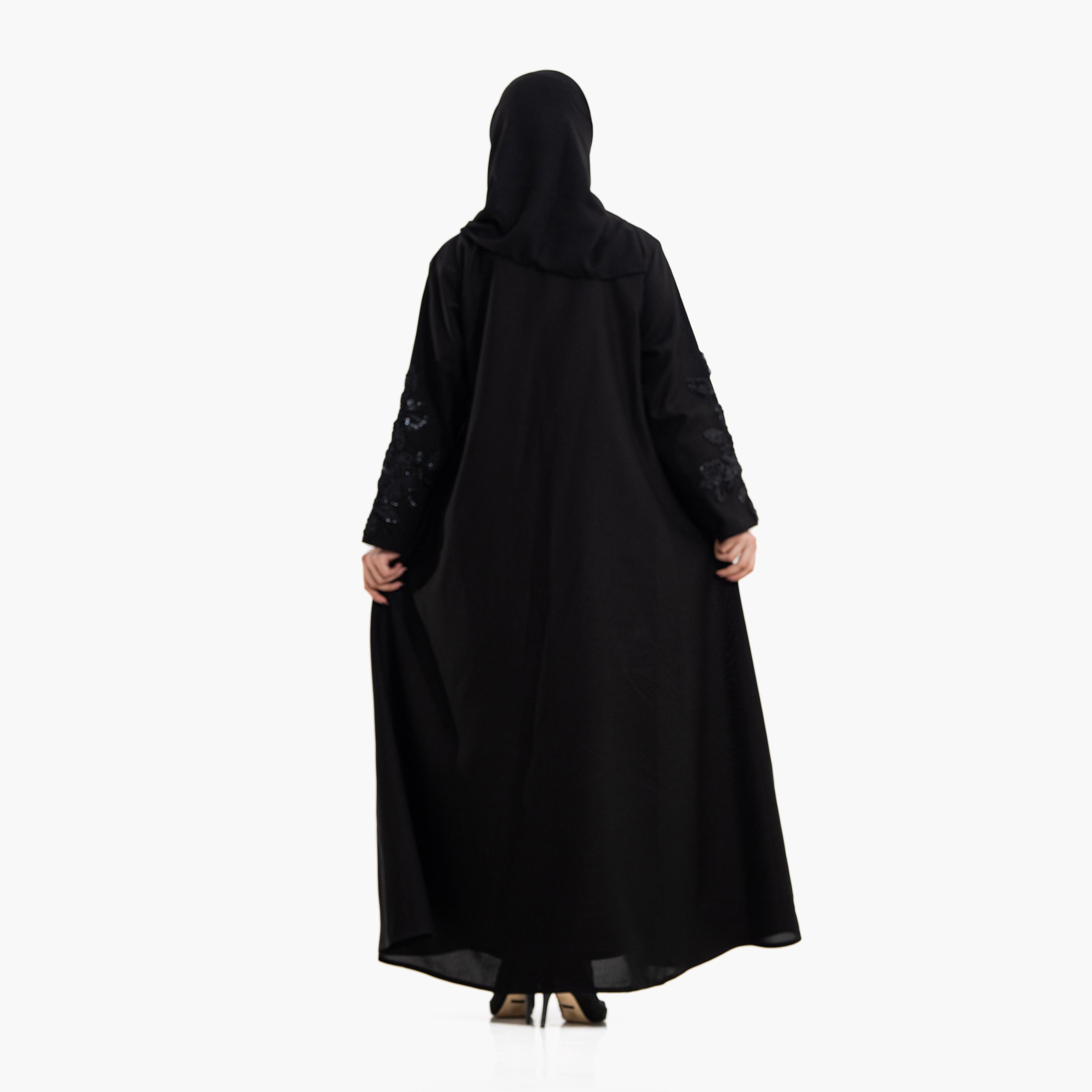 عباية سهرة نسائية بياقة "لابل" وتطريز "فلورال سيكويند" مع حجاب - أسود من زاهية-women-arabicclothing-abayas-image-6