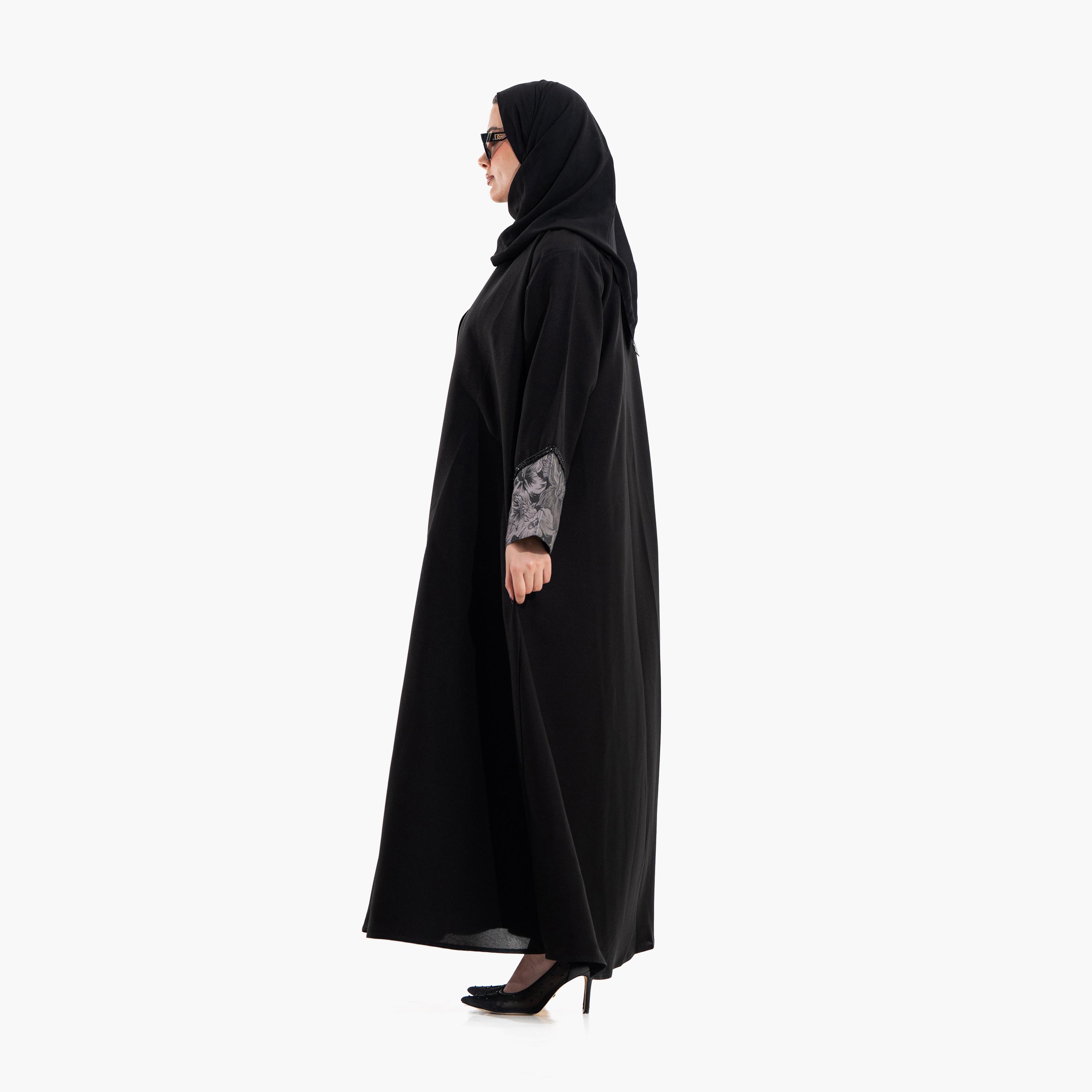 عباية سهرة نسائية بأكمام "وايد كف" وتصميم "فلورال برينت بانل" مع حجاب - أسود من زاهية-women-arabicclothing-abayas-image-3