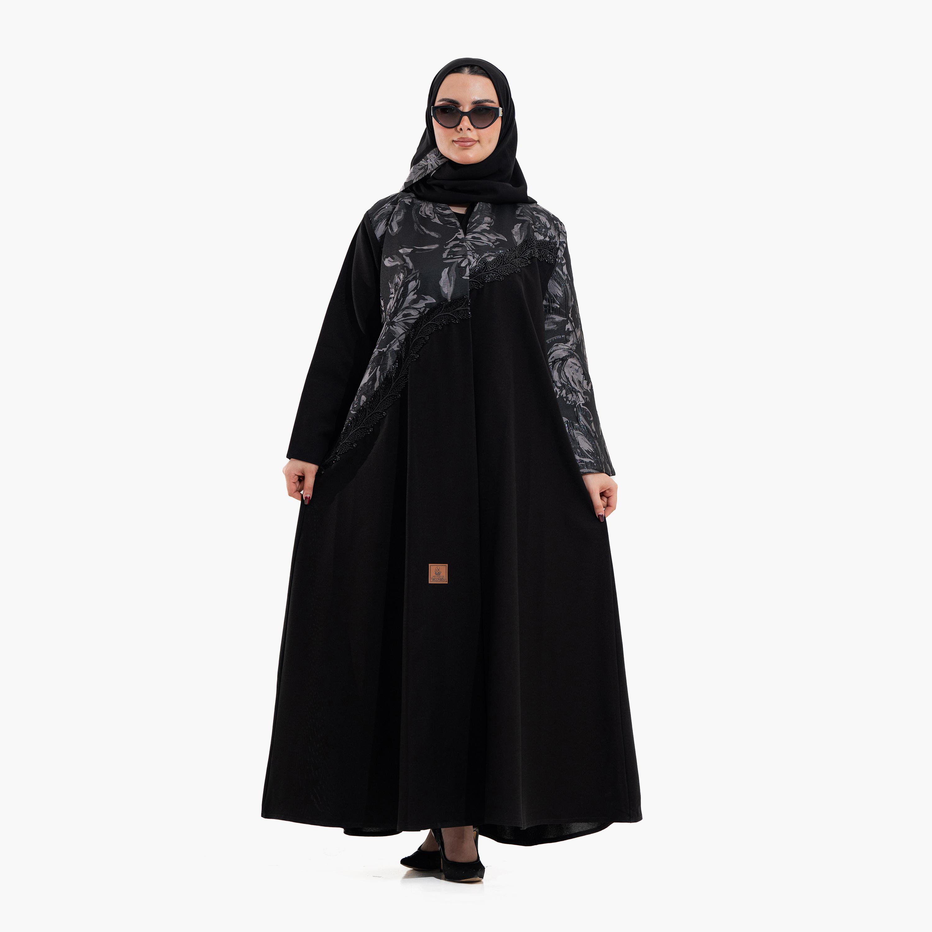 Zahiyh Black Beaded & Abstract Print Women's Evening Abaya with Hijab-women-arabicclothing-abayas-image-1