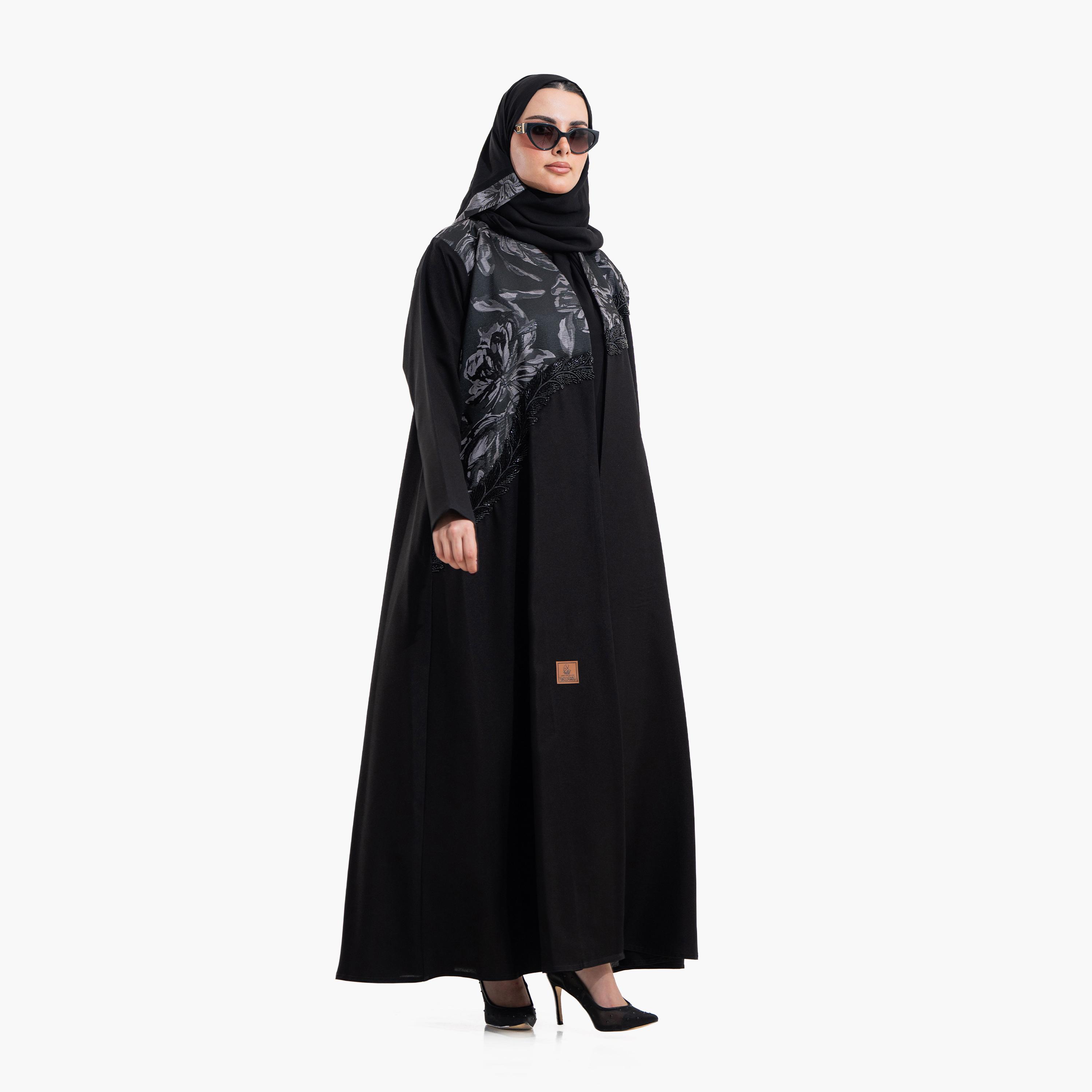 Zahiyh Black Beaded & Abstract Print Women's Evening Abaya with Hijab-women-arabicclothing-abayas-image-2